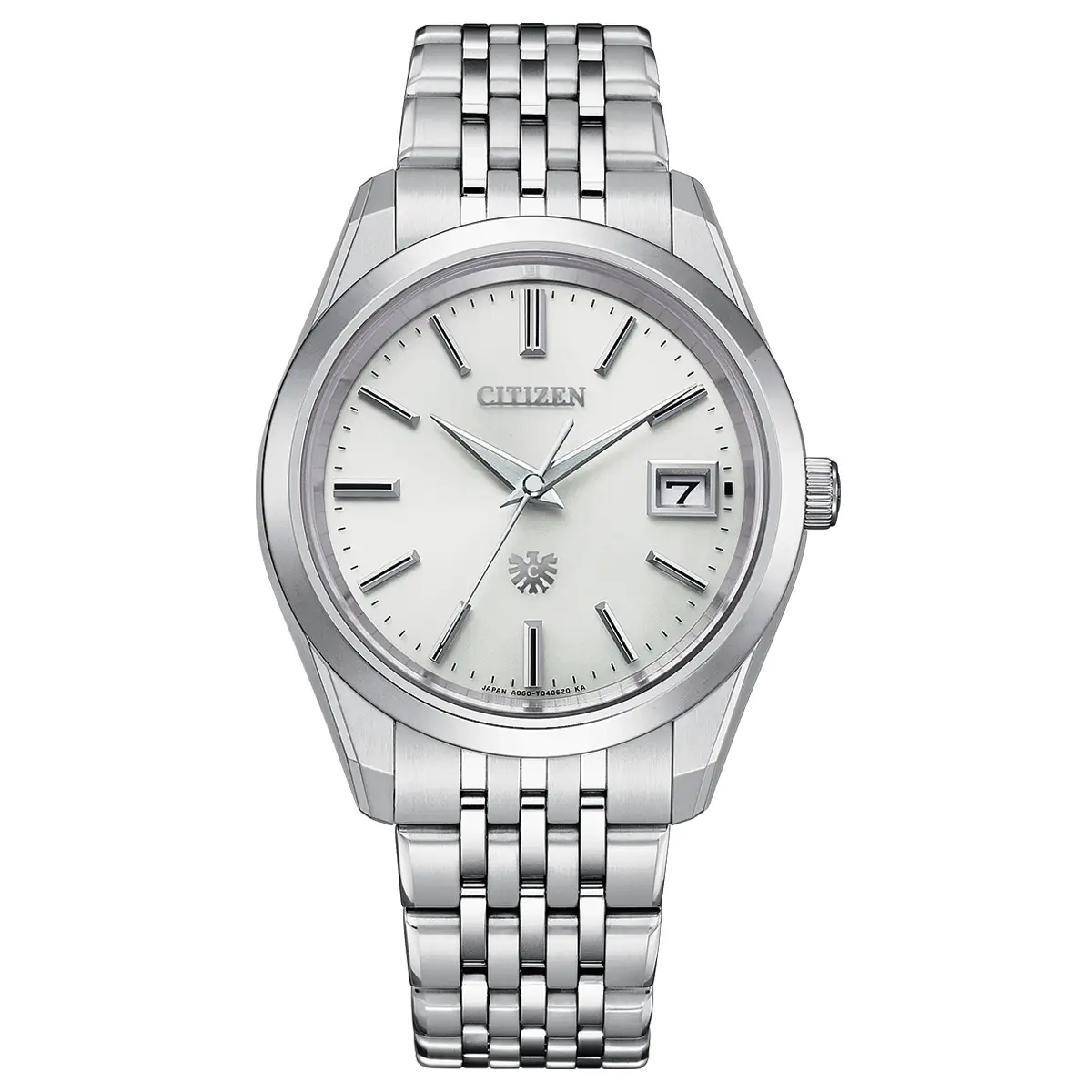 Đồng hồ The Citizen Eco-Drive Titanium AQ4100-57A với mặt số màu trắng. Dây đeo bằng titanium. Thân vỏ bằng titanium.