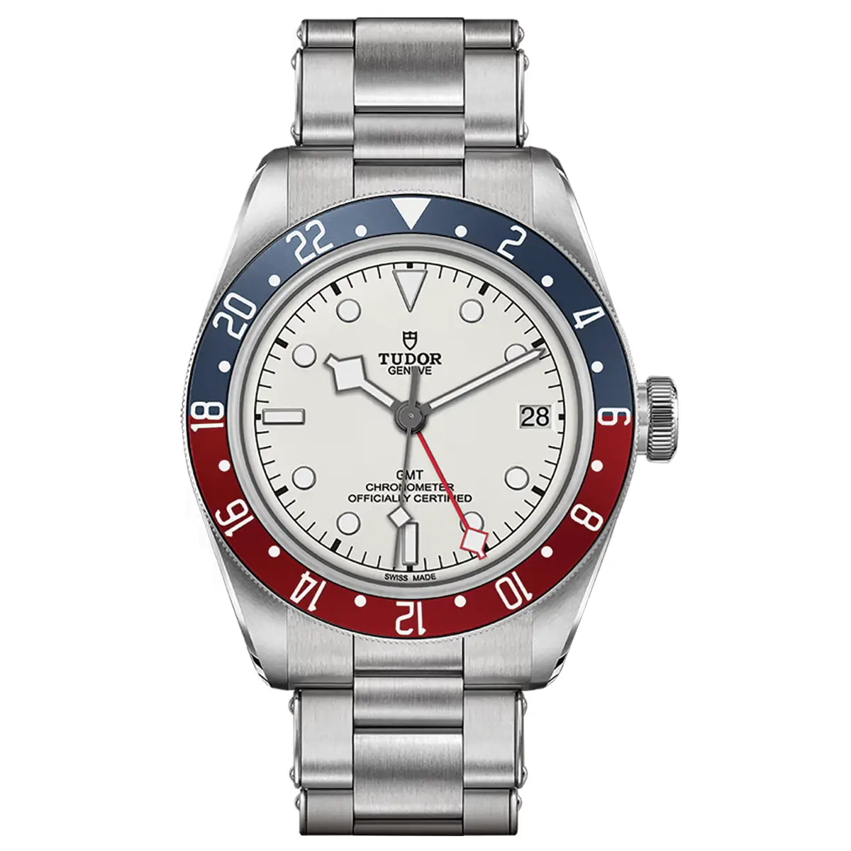 Đồng hồ Tudor Black Bay GMT M79830RB-0010 với mặt số màu trắng. Dây đeo bằng thép. Thân vỏ bằng thép.