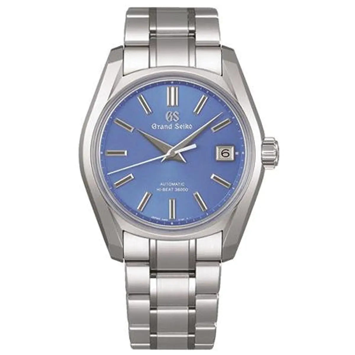 Đồng hồ Grand Seiko Heritage Collection Yokohama Takashimaya Limited Edition SBGH361 với mặt số màu xanh. Dây đeo bằng thép và da. Thân vỏ bằng thép.