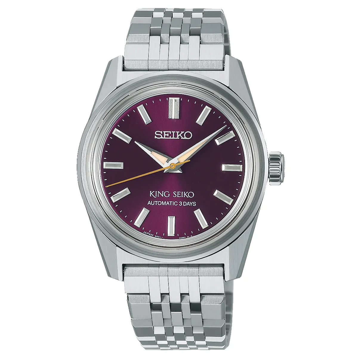 Đồng hồ King Seiko KSK 6R In Preppy Burgundy SDKS031 (SPB461) mặt số màu đỏ tía. Dây đeo bằng thép. Thân vỏ bằng thép.