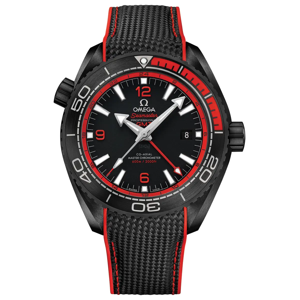 Đồng hồ Omega Seamaster Planet Ocean 600M 215.92.46.22.01.003 với mặt số màu đen. Dây đeo bằng vải. Thân vỏ bằng ceramic.