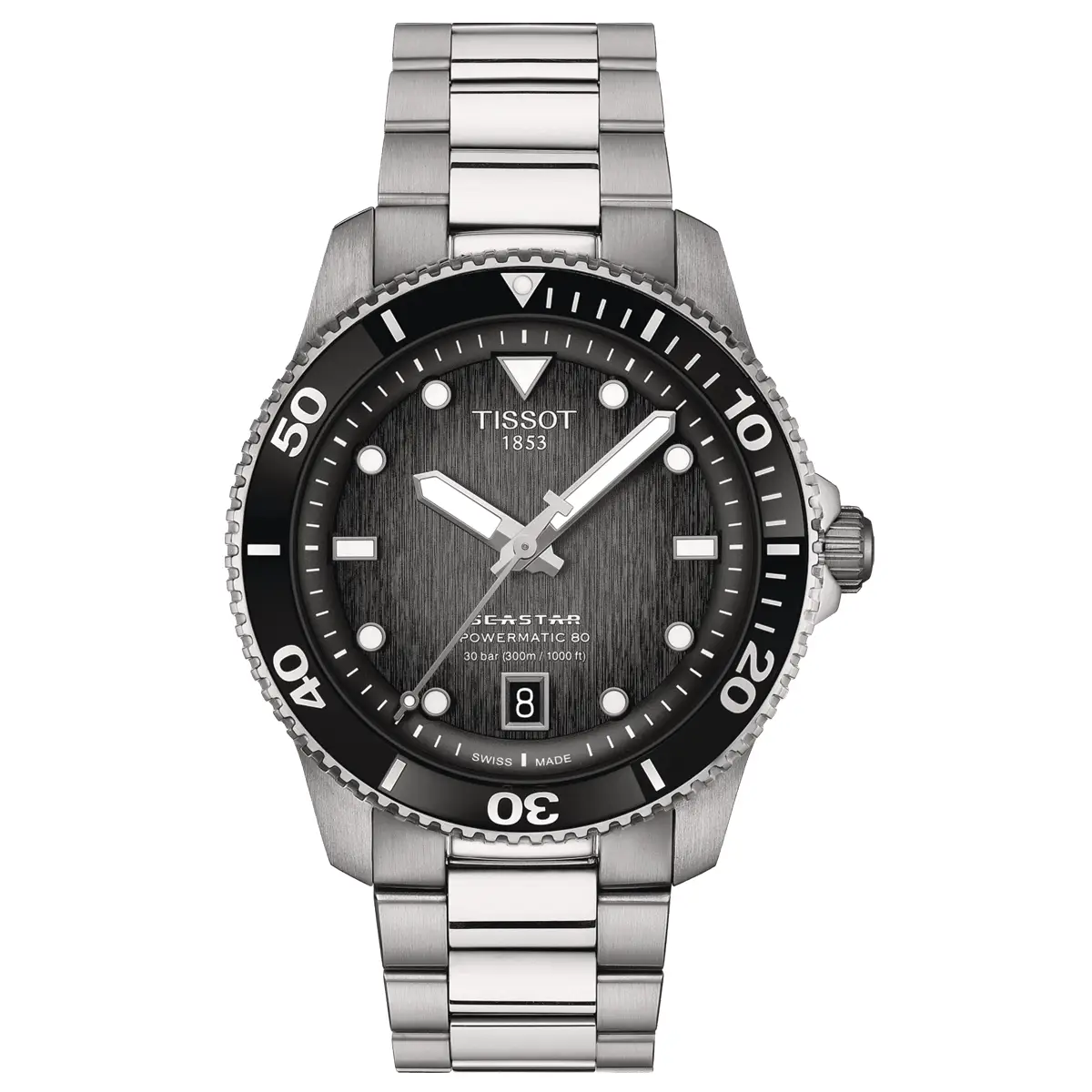 Đồng hồ Tissot Seastar 1000 Powermatic 80 T120.807.11.051.00 với mặt số màu đen. Dây đeo bằng thép. Thân vỏ bằng thép.