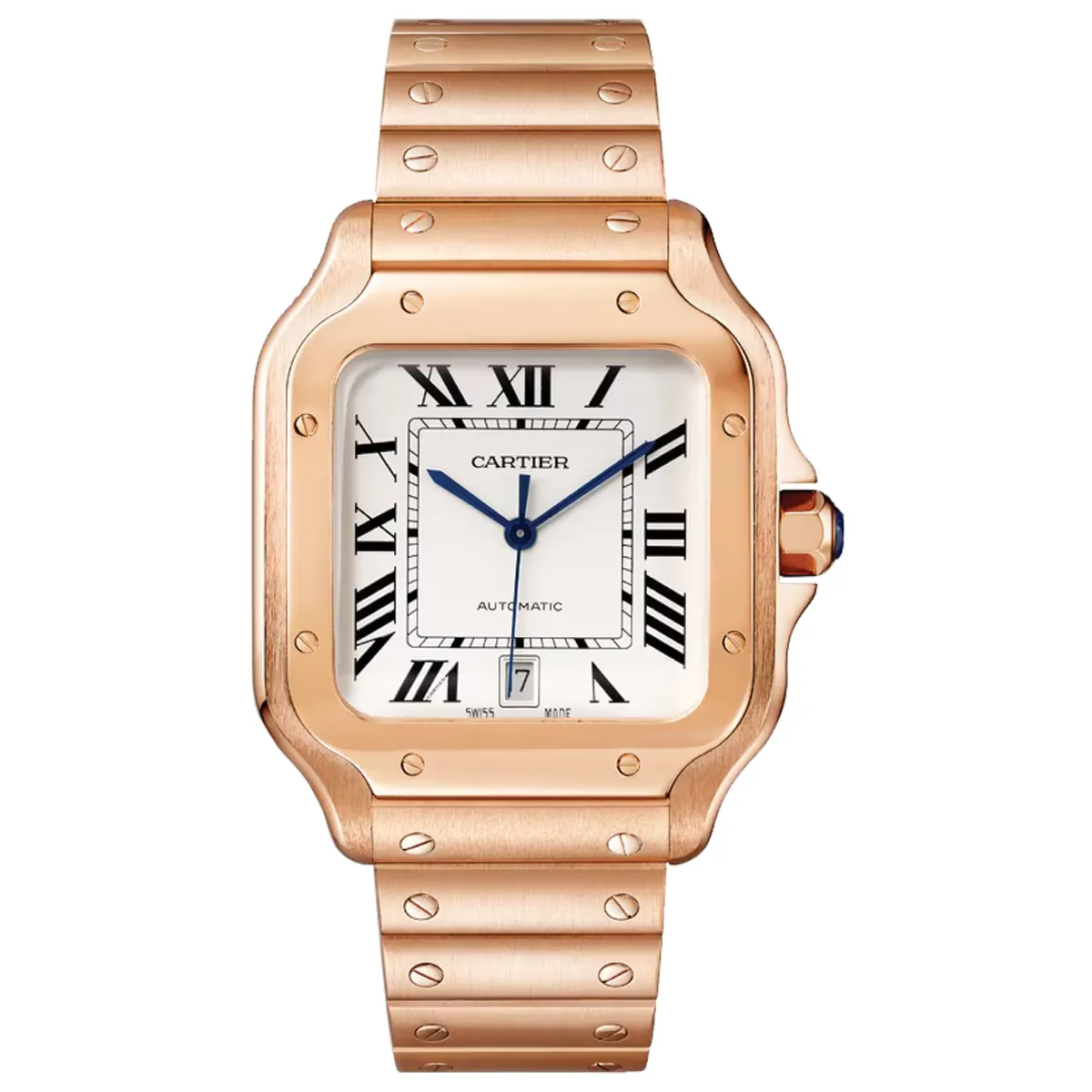 Đồng hồ Cartier Santos De Cartier Large Automatic WGSA0018 mặt số màu trắng. Dây đeo bằng vàng khối 18kt và da. Thân vỏ bằng vàng khối 18kt.