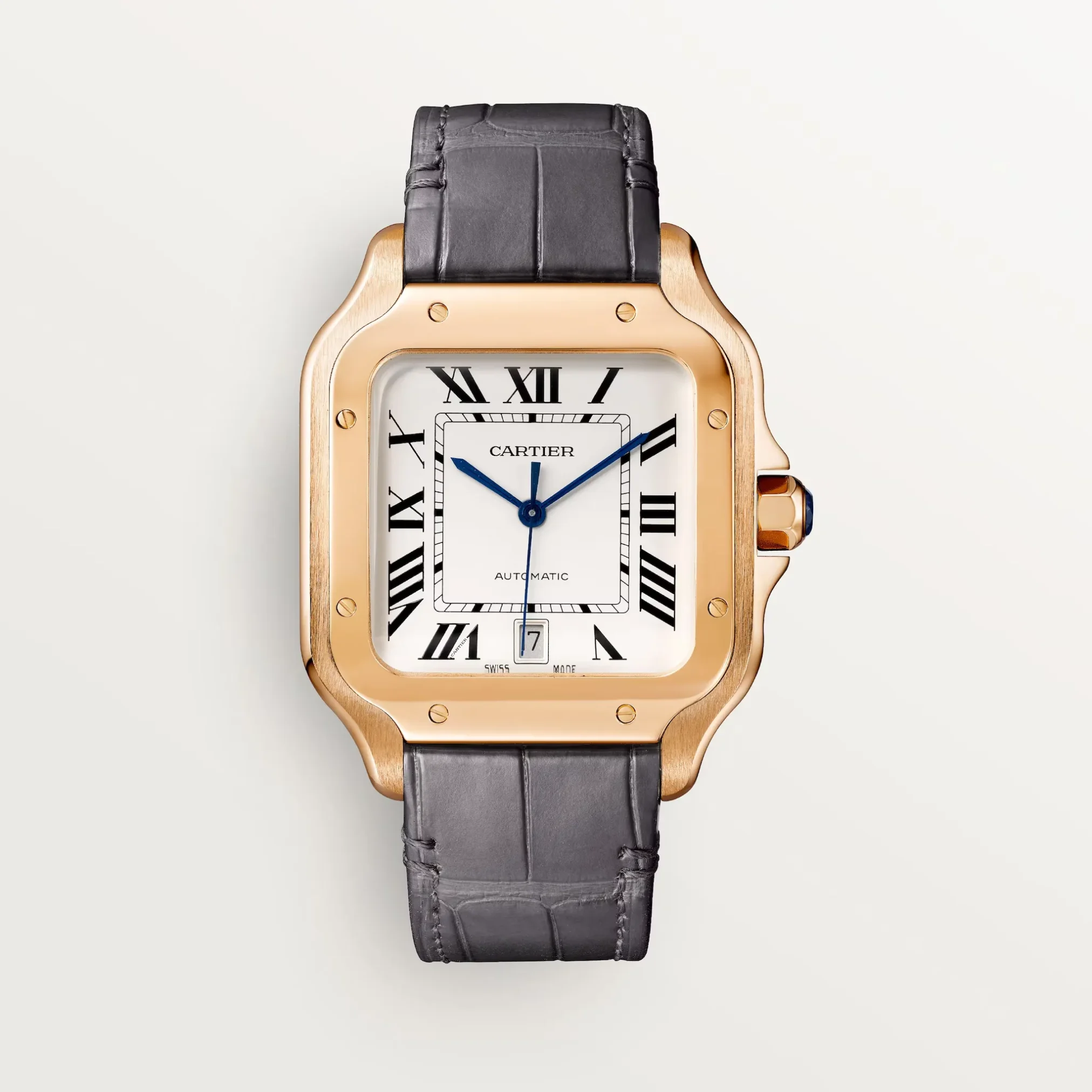 Đồng hồ Cartier Santos De Cartier Large Automatic WGSA0018 mặt số màu trắng. Dây đeo bằng vàng khối 18kt và da. Thân vỏ bằng vàng khối 18kt.