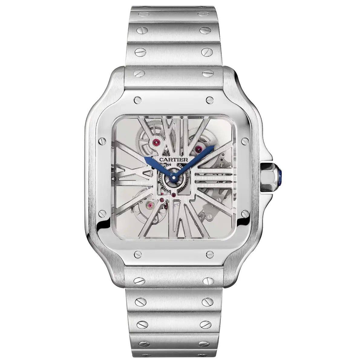 Đồng hồ Cartier Santos De Cartier Large Skeleton WHSA0015 với mặt số xám. Dây đeo bằng thép và da. Thân vỏ bằng thép.