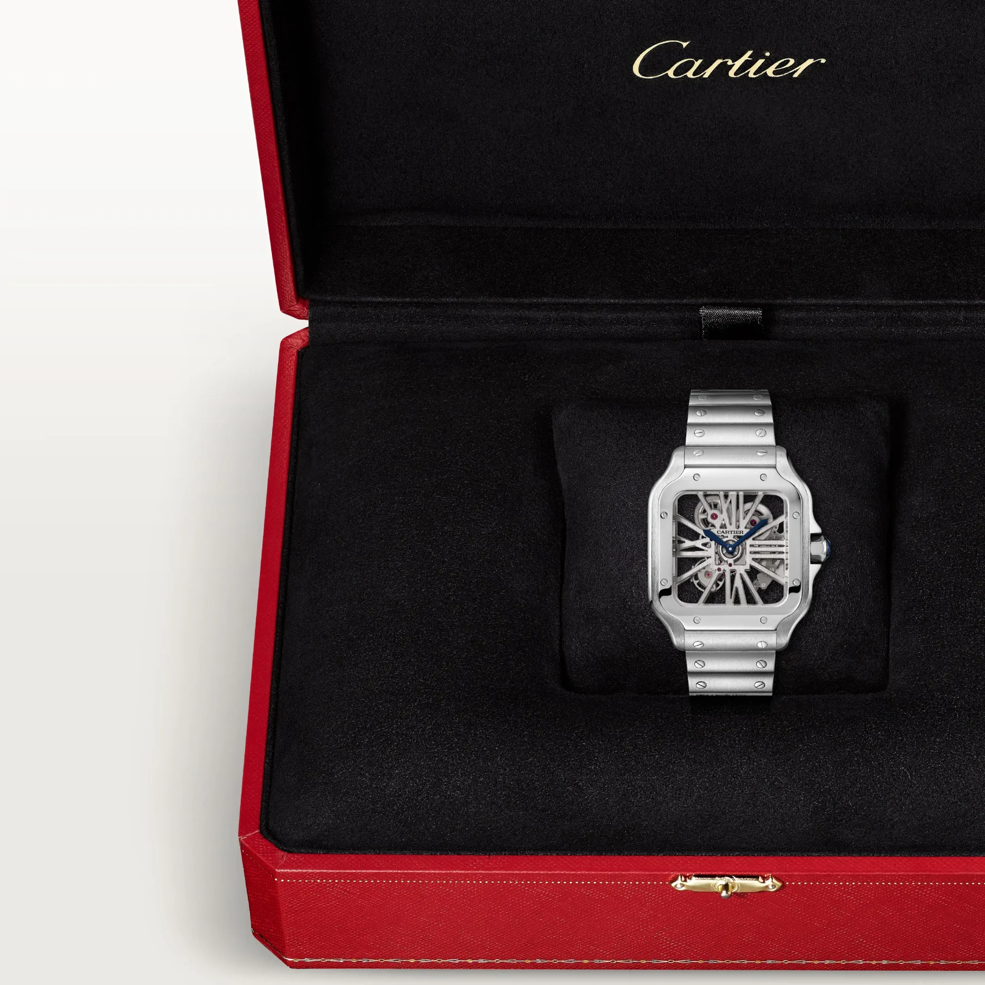 Đồng hồ Cartier Santos De Cartier Large Skeleton WHSA0015 với mặt số xám. Dây đeo bằng thép và da. Thân vỏ bằng thép.