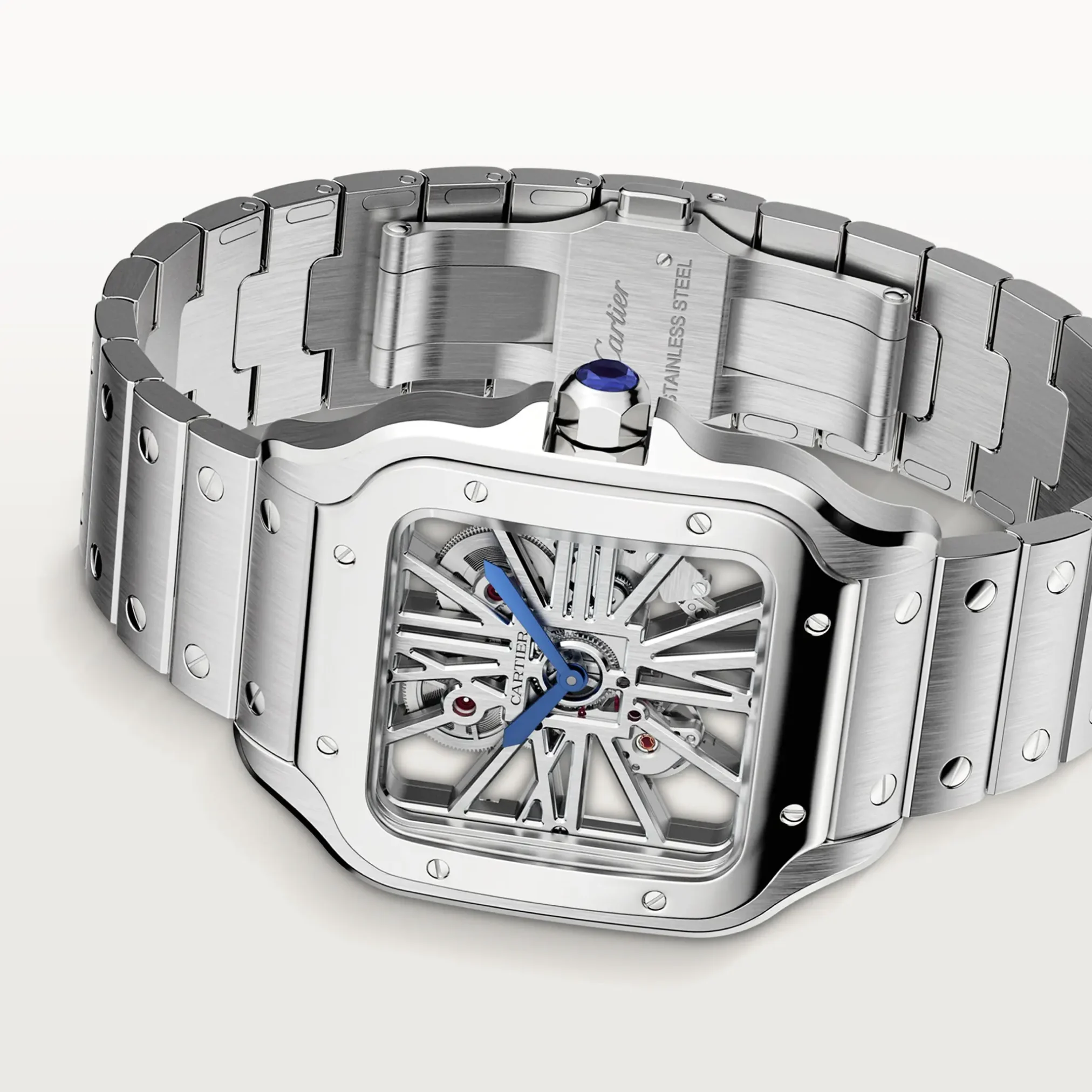 Đồng hồ Cartier Santos De Cartier Large Skeleton WHSA0015 với mặt số xám. Dây đeo bằng thép và da. Thân vỏ bằng thép.