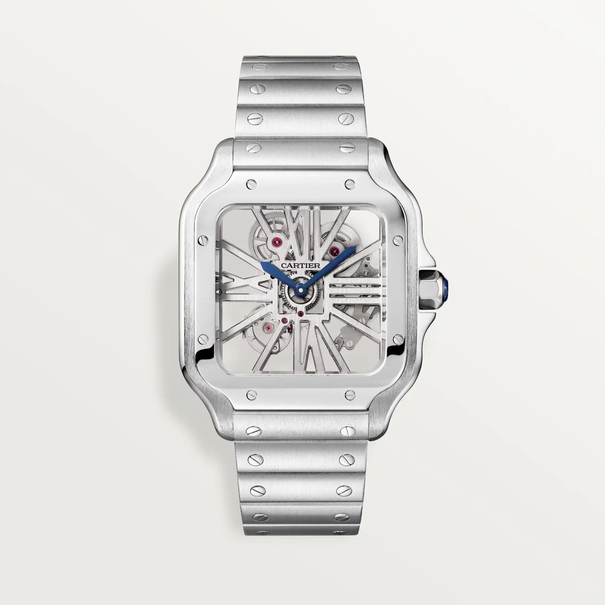 Đồng hồ Cartier Santos De Cartier Large Skeleton WHSA0015 với mặt số xám. Dây đeo bằng thép và da. Thân vỏ bằng thép.