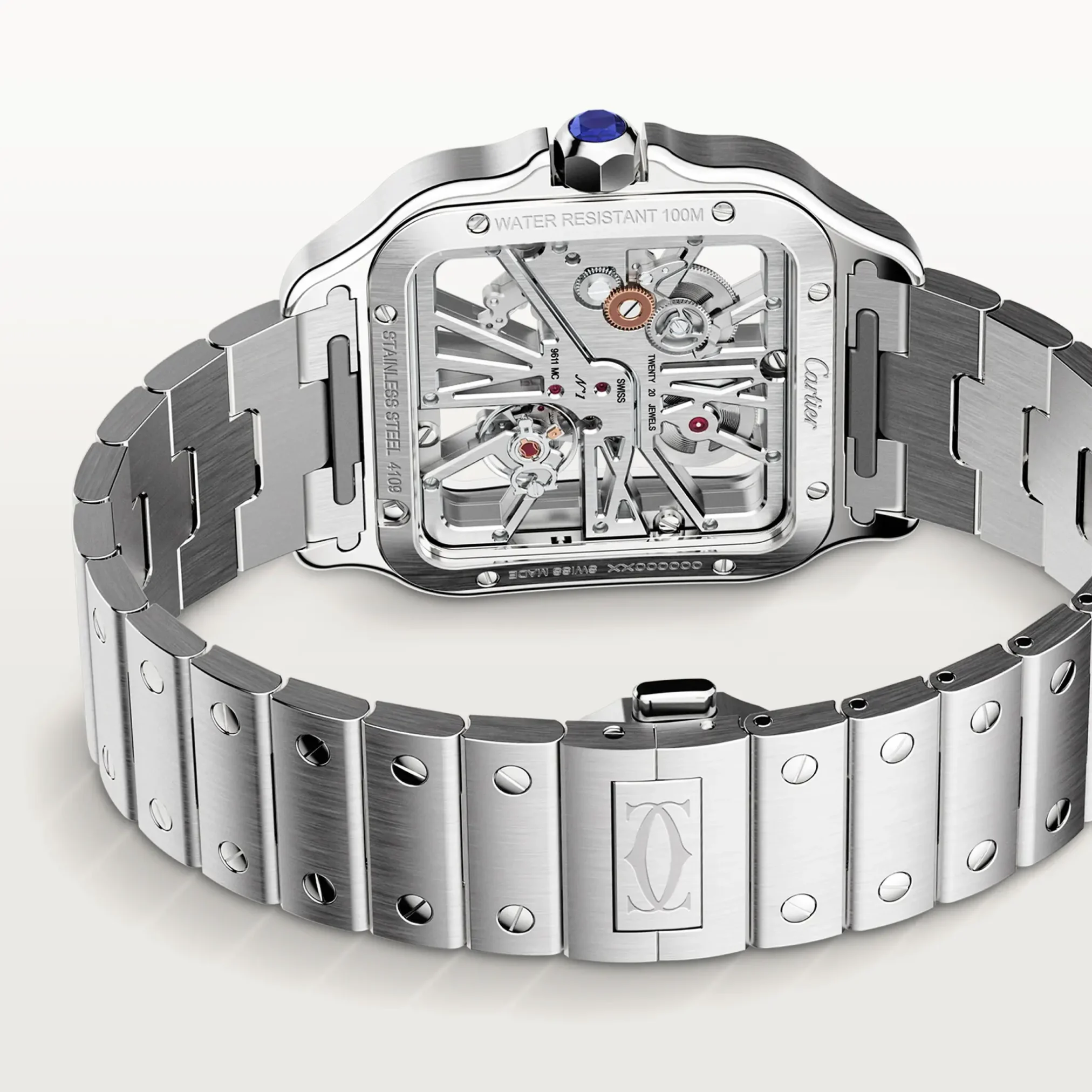 Đồng hồ Cartier Santos De Cartier Large Skeleton WHSA0015 với mặt số xám. Dây đeo bằng thép và da. Thân vỏ bằng thép.