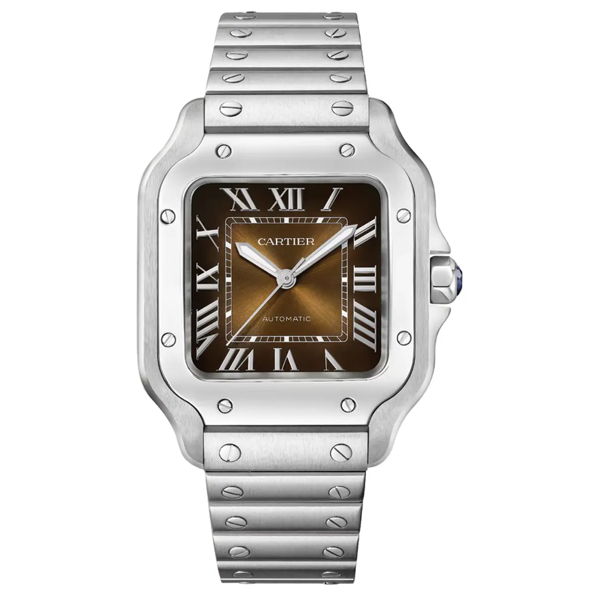 Đồng hồ Cartier Santos De Cartier Medium Automatic WSSA0065 với mặt số màu nâu. Dây đeo bằng thép. Thân vỏ bằng thép.