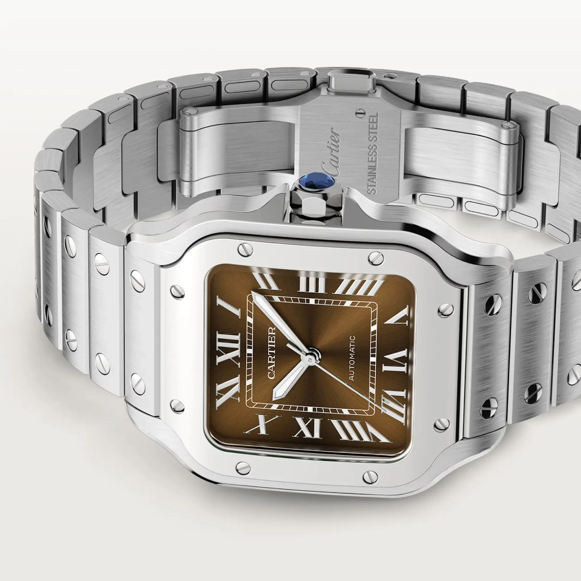 Đồng hồ Cartier Santos De Cartier Medium Automatic WSSA0065 với mặt số màu nâu. Dây đeo bằng thép. Thân vỏ bằng thép.