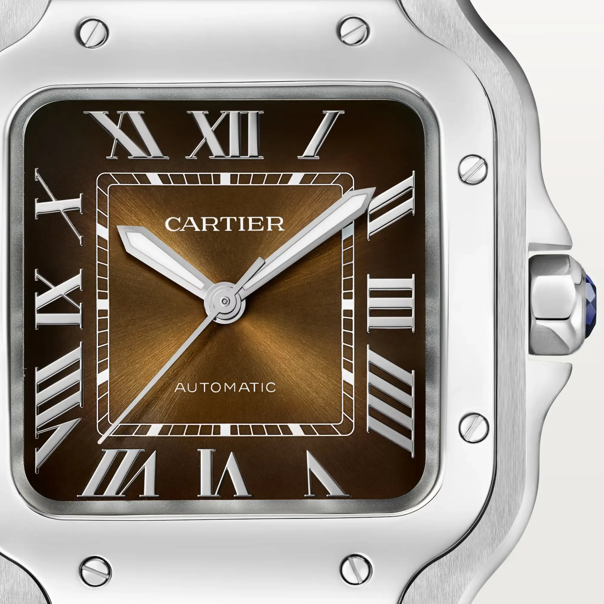 Đồng hồ Cartier Santos De Cartier Medium Automatic WSSA0065 với mặt số màu nâu. Dây đeo bằng thép. Thân vỏ bằng thép.