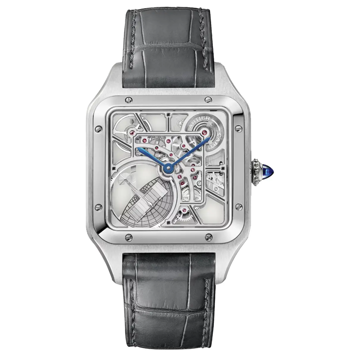 Đồng hồ Cartier Santos-Dumont Micro-Rotor Skeleton WHSA0032 với mặt số màu bạc. Dây đeo bằng da. Thân vỏ bằng thép.