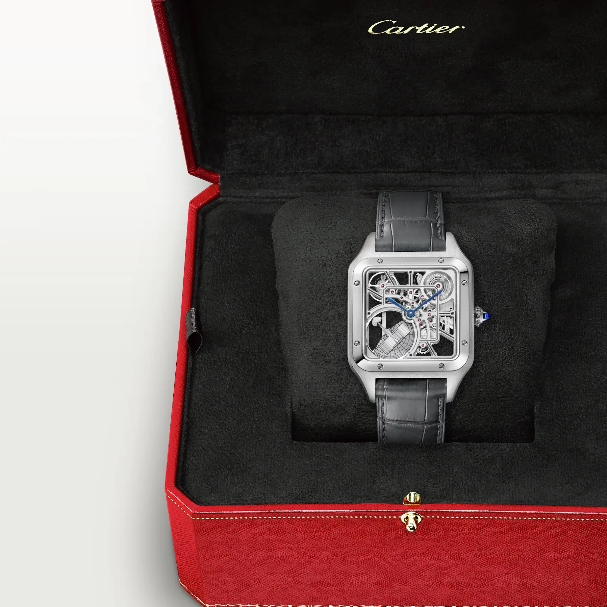 Đồng hồ Cartier Santos-Dumont Micro-Rotor Skeleton WHSA0032 với mặt số màu bạc. Dây đeo bằng da. Thân vỏ bằng thép.