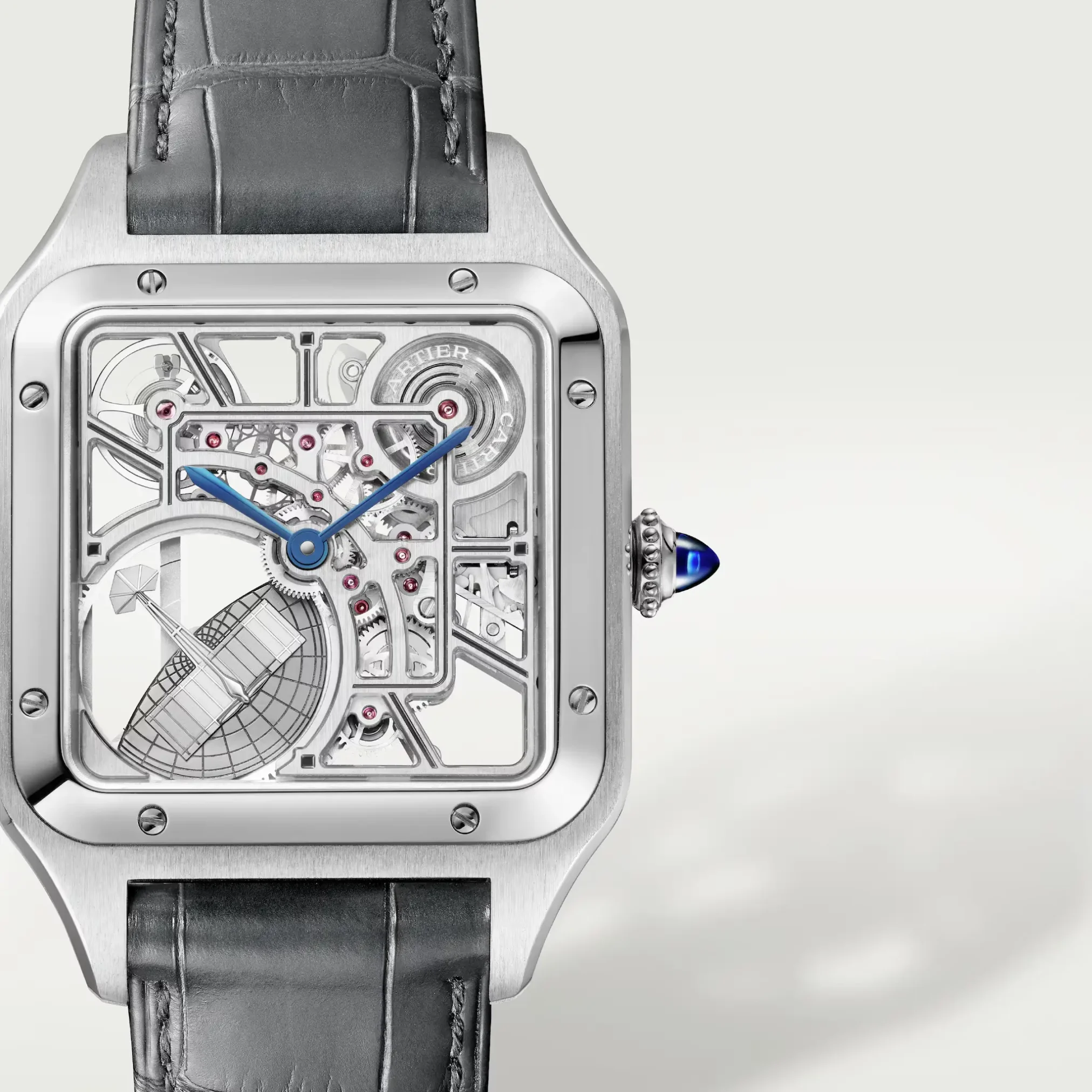 Đồng hồ Cartier Santos-Dumont Micro-Rotor Skeleton WHSA0032 với mặt số màu bạc. Dây đeo bằng da. Thân vỏ bằng thép.