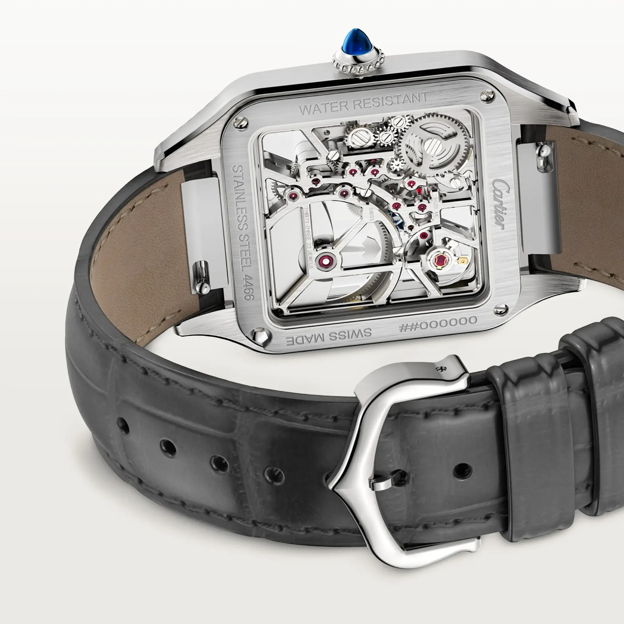 Đồng hồ Cartier Santos-Dumont Micro-Rotor Skeleton WHSA0032 với mặt số màu bạc. Dây đeo bằng da. Thân vỏ bằng thép.