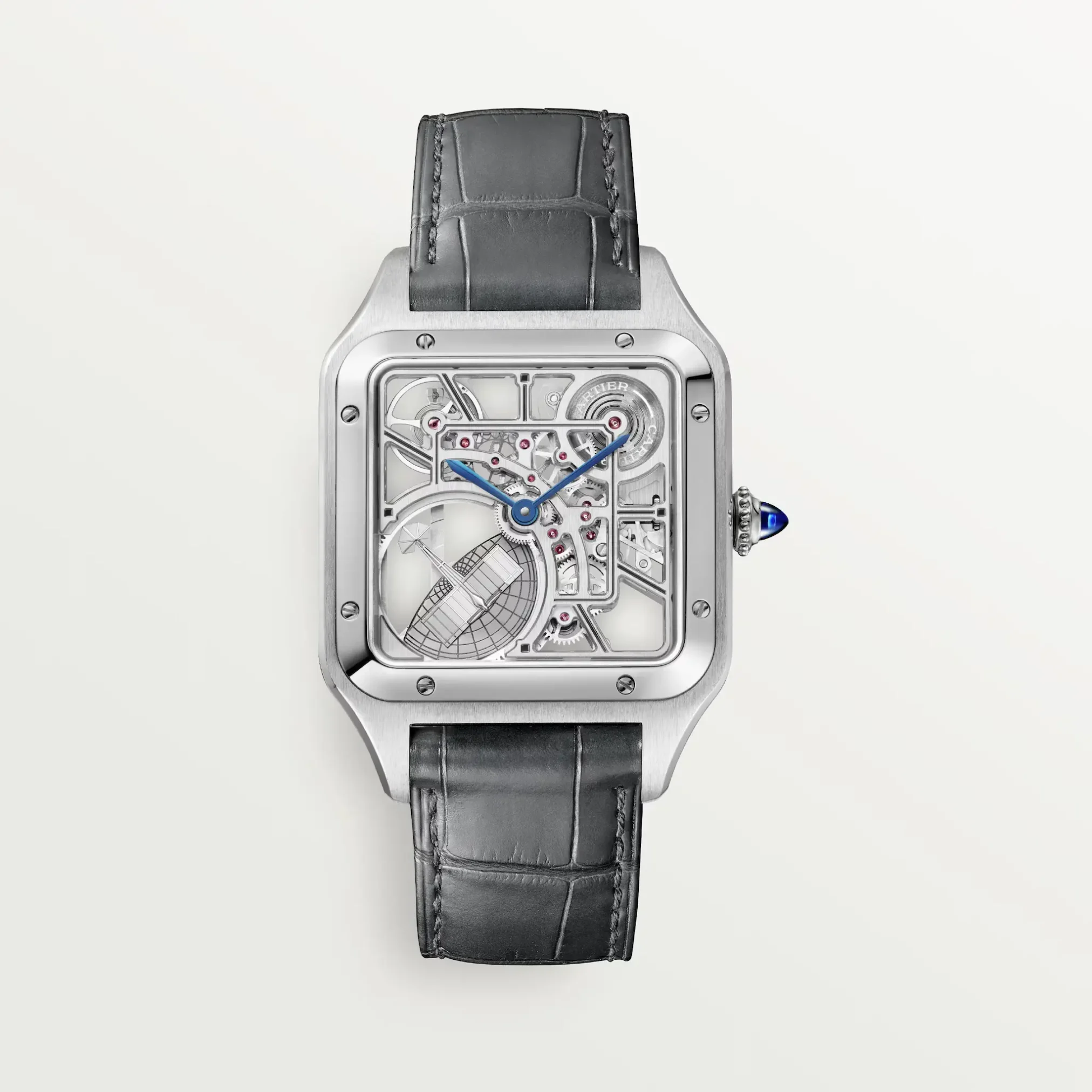 Đồng hồ Cartier Santos-Dumont Micro-Rotor Skeleton WHSA0032 với mặt số màu bạc. Dây đeo bằng da. Thân vỏ bằng thép.