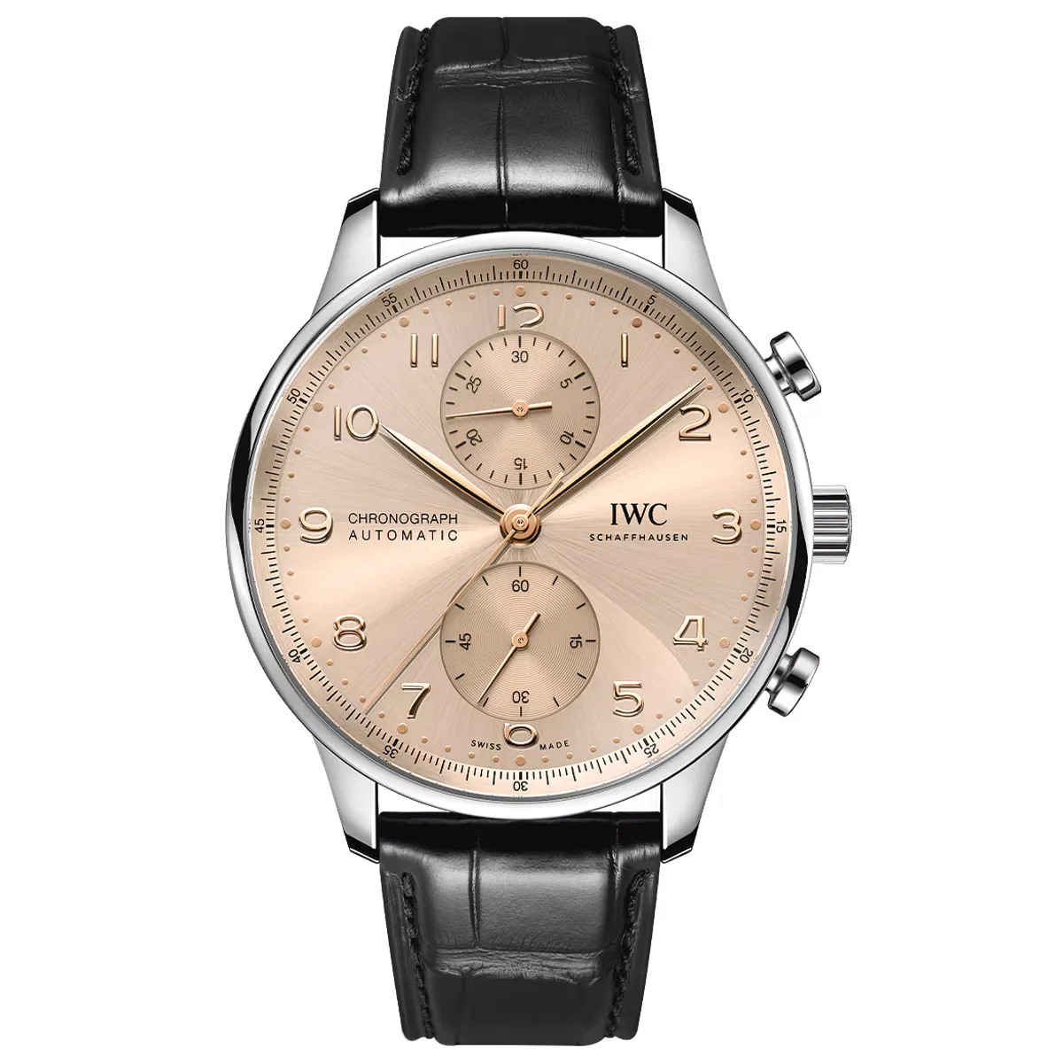 Đồng hồ IWC Portugieser Chronograph IW371624 mặt số màu cá hồi. Dây đeo bằng da. Thân vỏ bằng thép.