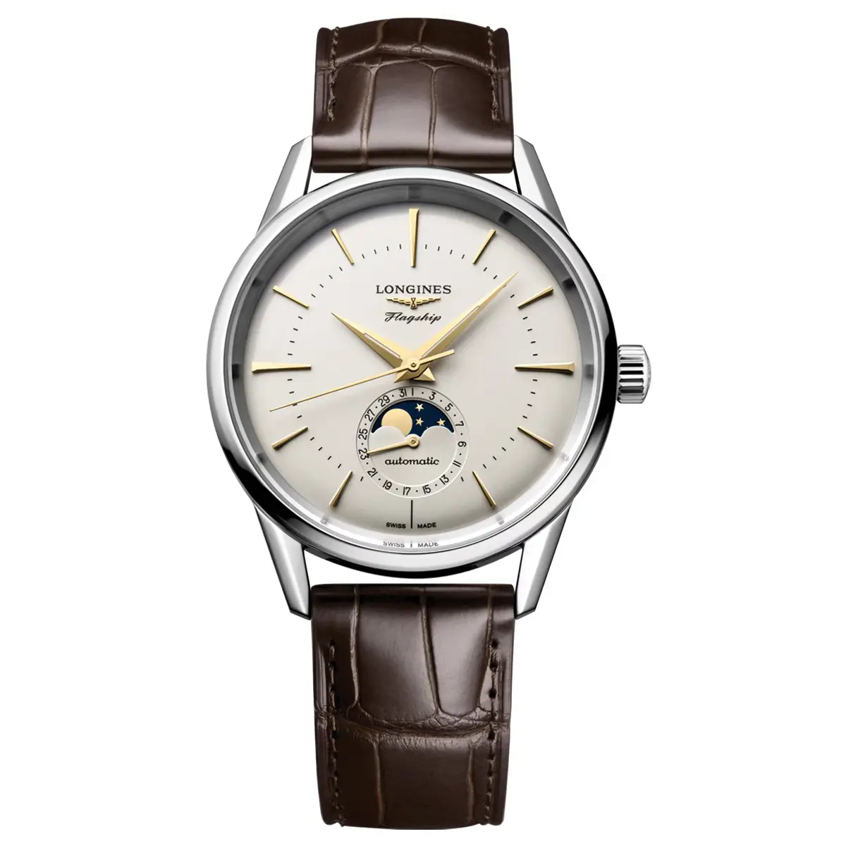 Đồng hồ Longines Flagship Heritage Moonphase L4.815.4.78.2 với mặt số màu bạc. Dây đeo bằng da. Thân vỏ bằng thép.