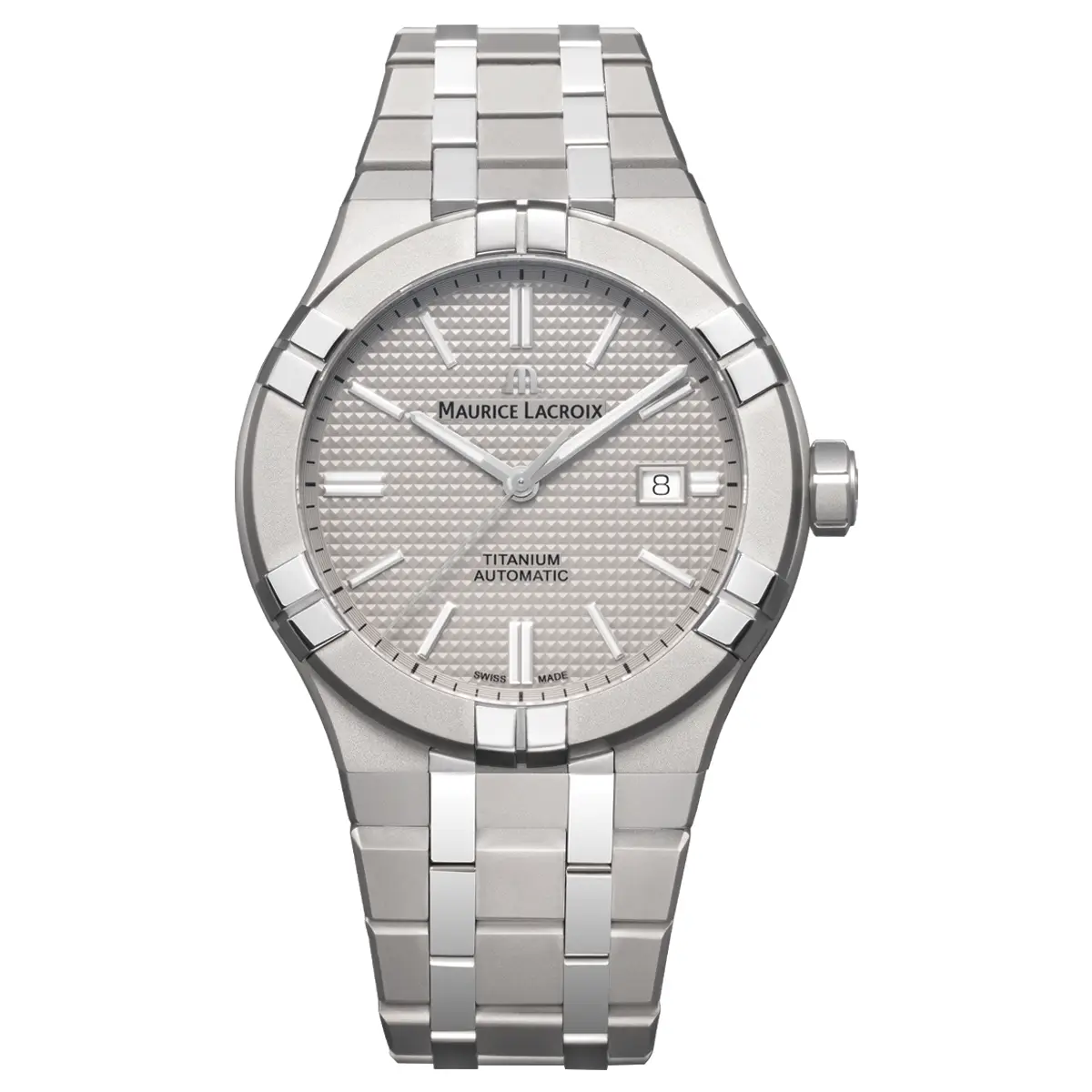 Đồng hồ Maurice Lacroix Aikon Automatic Titanium AI6008-TT032-230-1 với mặt số màu xám. Dây đeo bằng thép. Thân vỏ bằng thép.