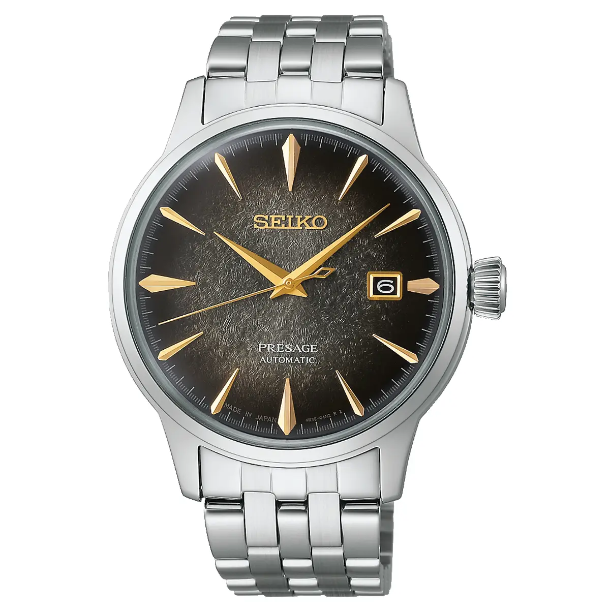 Đồng hồ Seiko Presage Cocktail Time Star Bar “Night-time Tokyo” SARY245 với mặt số đem. Dây đeo bằng thép. Thân vỏ bằng thép.