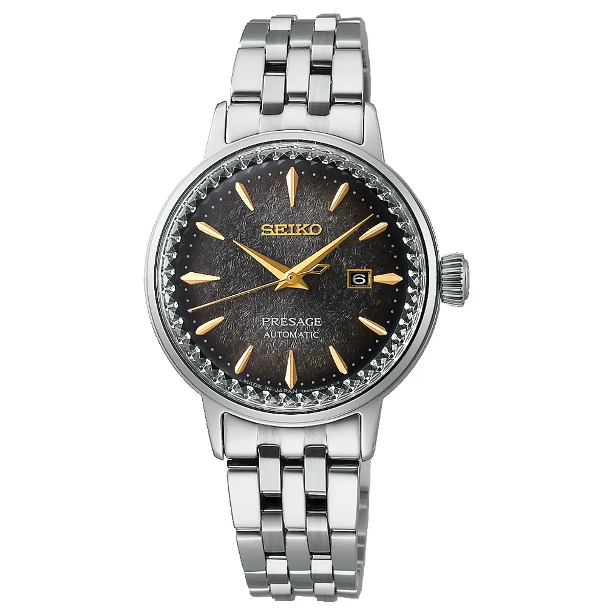 Đồng hồ Seiko Presage Cocktail Time Star Bar SRRW003 với mặt số đem. Dây đeo bằng thép. Thân vỏ bằng thép.