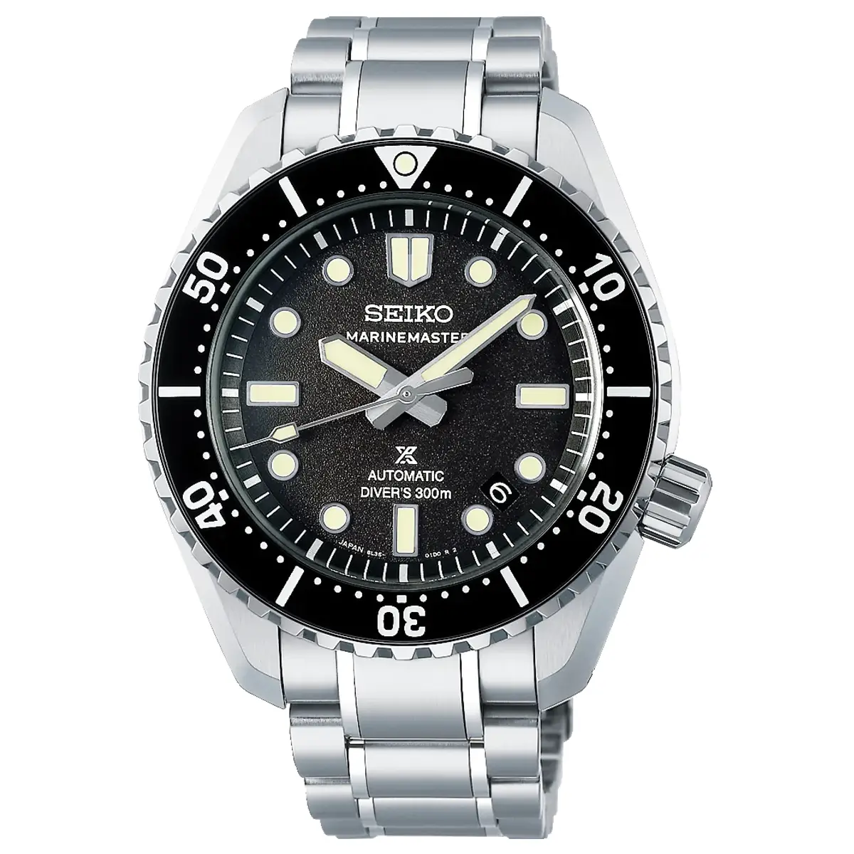 Đồng hồ Seiko Prospex Marinemaster 1968 Heritage Diver's Watch SBDX065 với mặt số màu đen. Dây đeo bằng thép. Thân vỏ bằng thép.