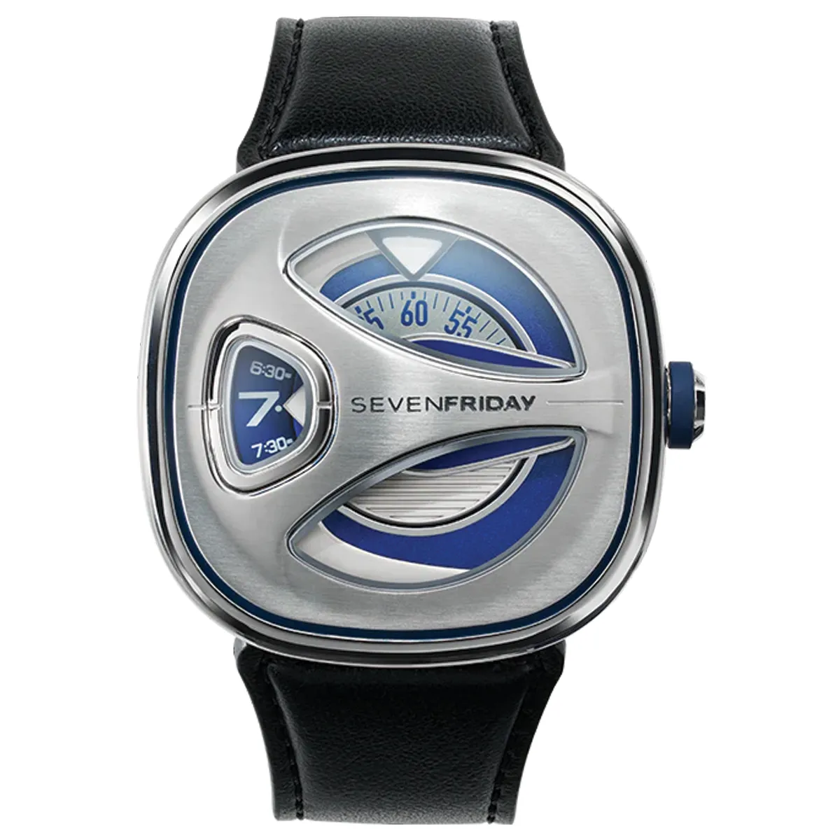 Đồng hồ SevenFriday ME1/01 mặt số màu xám đen. Dây đeo bằng da. Thân vỏ bằng thép.