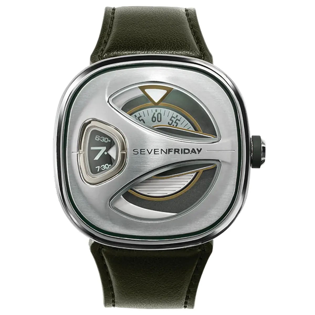 Đồng hồ SevenFriday ME1/02 với mặt số bạc. Dây đeo bằng da. Thân vỏ bằng thép.