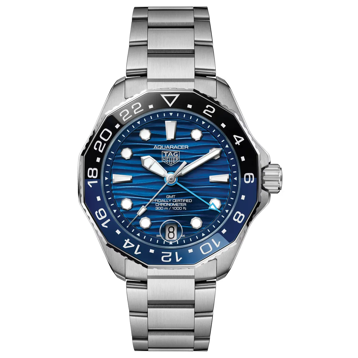 Đồng hồ Tag Heuer Aquaracer Professional 300 GMT WBP5114.BA0013 mặt số màu xanh. Dây đeo bằng thép. Thân vỏ bằng thép.