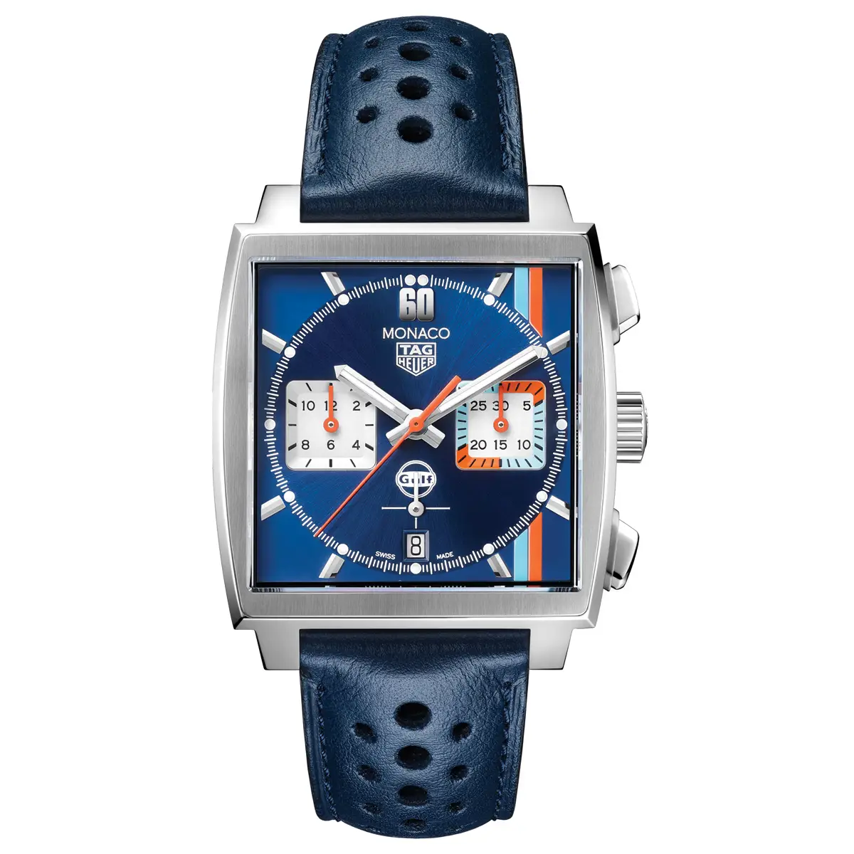 Đồng hồ Tag Heuer Monaco Gulf Special Edition CBL2115.FC6494 với mặt số màu xanh. Dây đeo bằng da. Thân vỏ bằng thép.