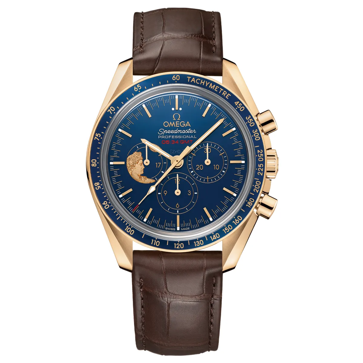 Đồng hồ 0mega Speedmaster Apollo 17 45th Anniversary 311.63.42.30.03.001 mặt số màu xanh. Dây đeo bằng da. Thân vỏ bằng vàng khối.