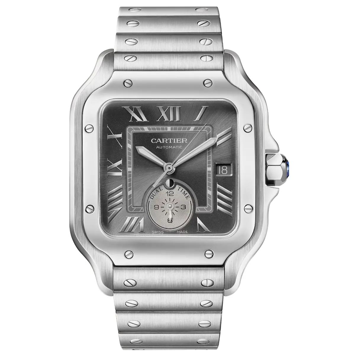 Đồng hồ Cartier Santos De Cartier Dual Time WSSA0076 với mặt số màu đen. Dây đeo bằng thép và da. Thân vỏ bằng thép.