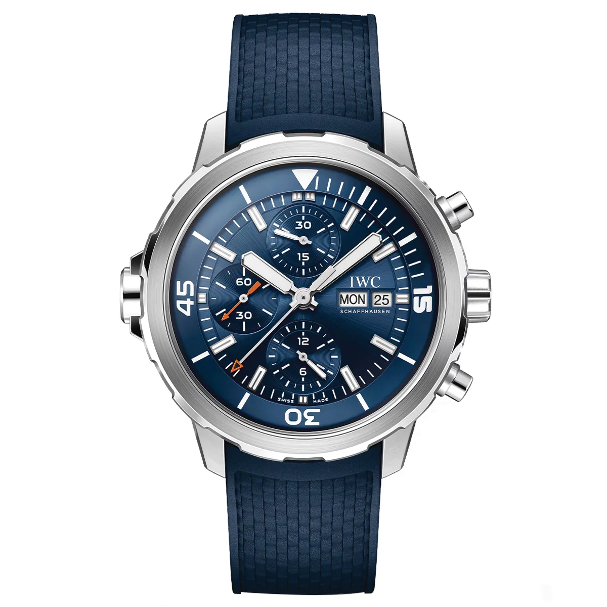 Đồng hồ IWC Aquatimer Chronograph IW376806 mặt số màu xanh. Dây đeo bằng cao su. Thân vỏ bằng thép.