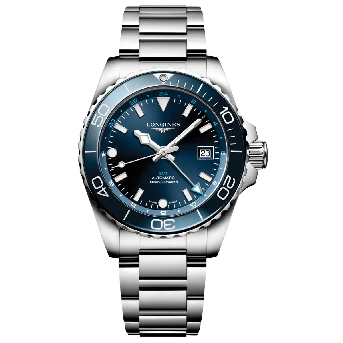 Đồng hồ Longines HydroConquest GMT L3.790.4.96.6 với mặt số màu xanh. Dây đeo bằng thép. Thân vỏ bằng thép.