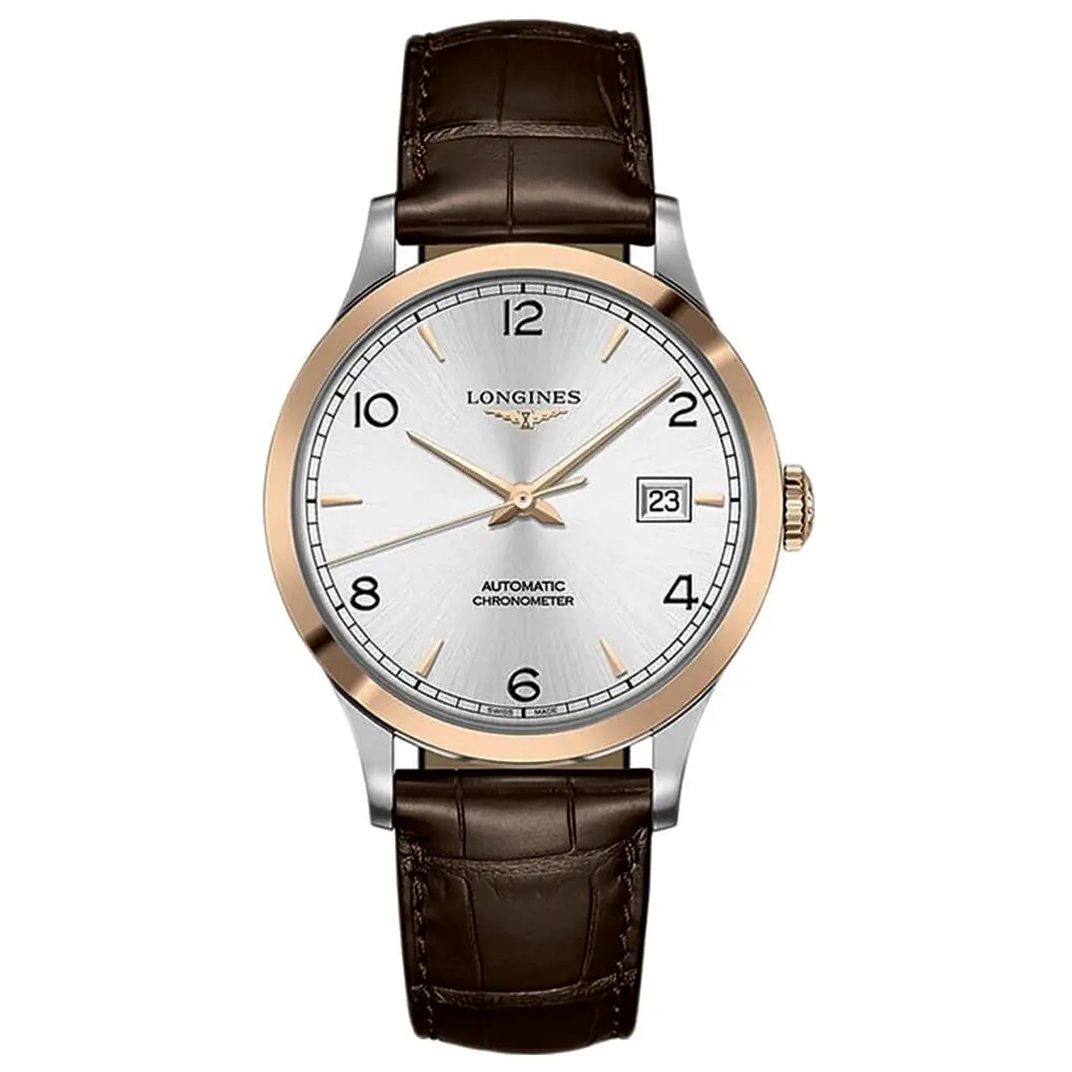 Đồng hồ Longines Record Collection L2.821.5.76.2 với mặt số màu bạc. Dây đeo bằng da. Thân vỏ bằng thép và vàng khối 18kt.