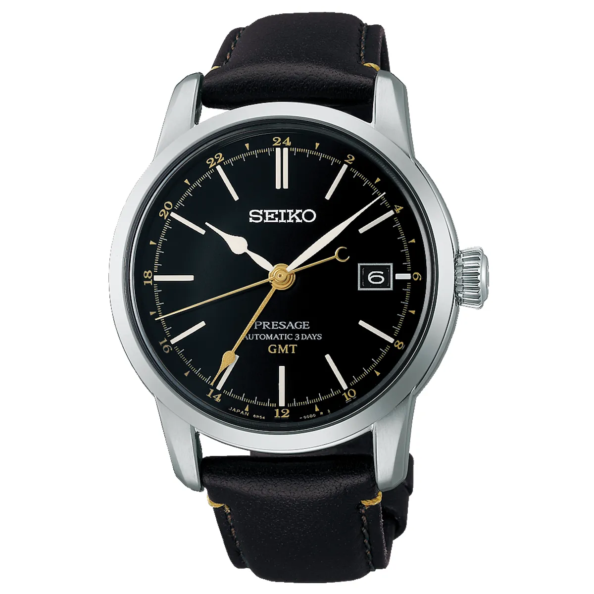 Đồng hồ Seiko Presage Craftsmanship Urushi GMT SARH001 (SPB447) mặt số màu đen. Dây đeo bằng da. Thân vỏ bằng thép.