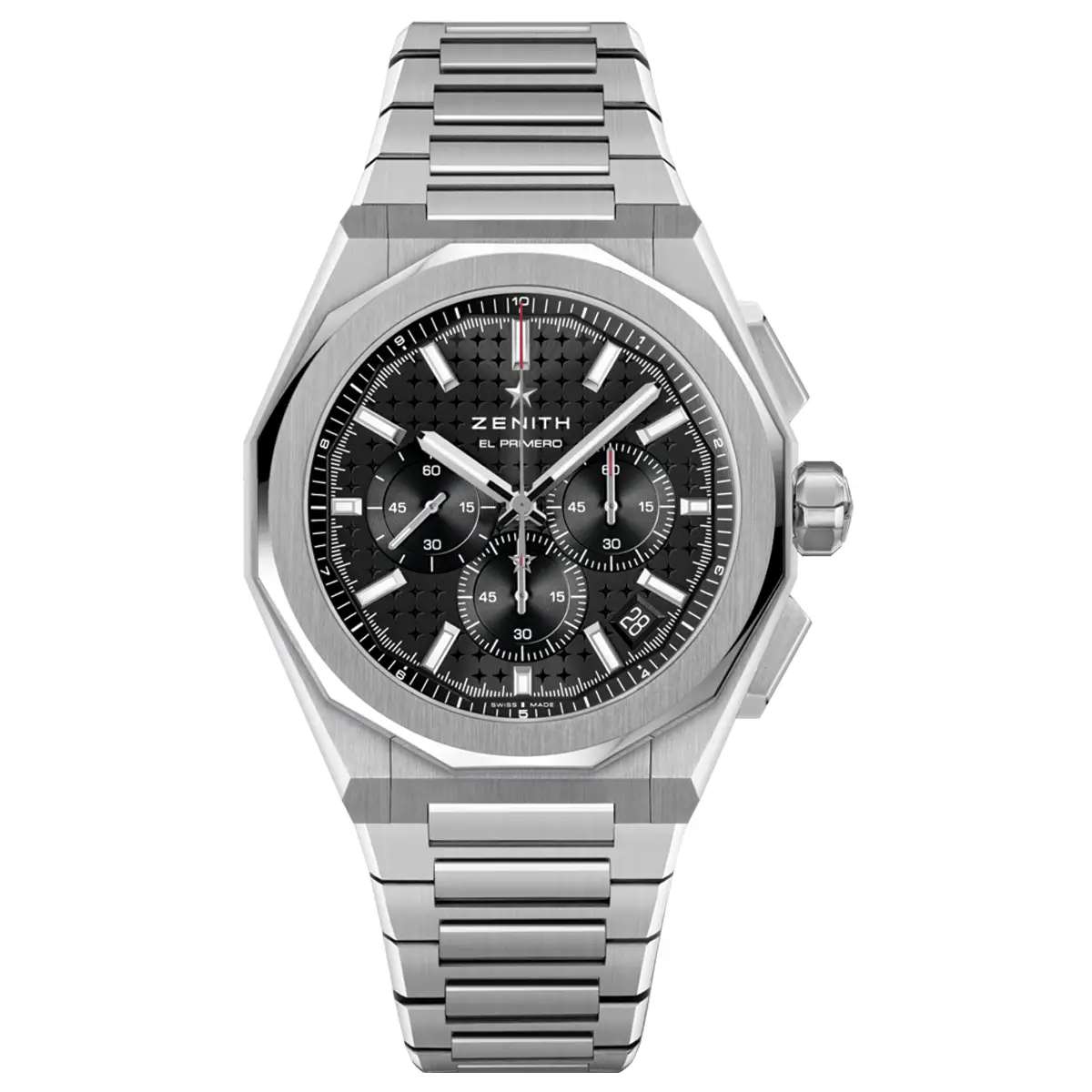 Đồng hồ Zenith Defy Skyline Chronograph 03.9500.3600/21.I001 với mặt số màu đen. Dây đeo bằng thép và cao su. Thân vỏ bằng thép.