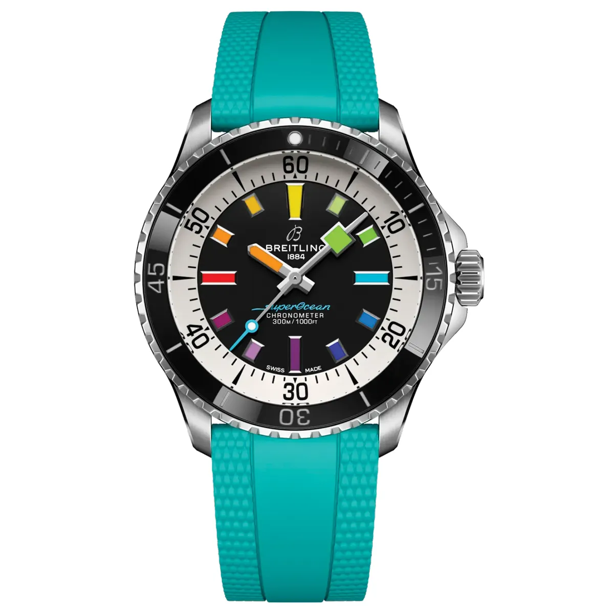 Đồng hồ Breitling Superocean Rainbow Automatic A17375211B2S2 mặt số màu đen. Dây đeo bằng cao su. Thân vỏ bằng thép.