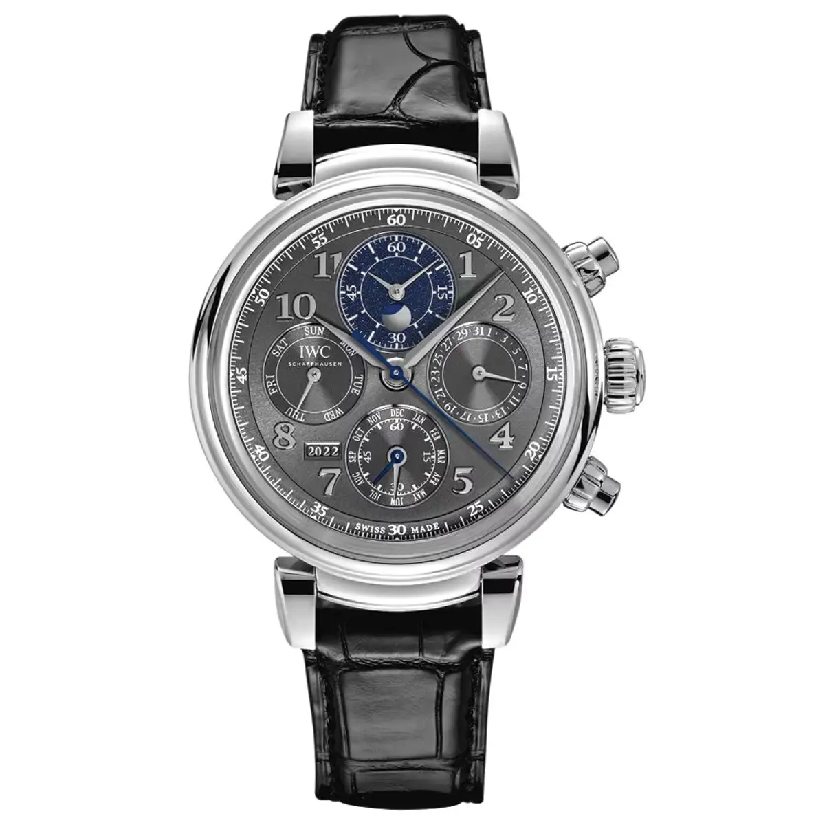 Đồng hồ IWC Da Vinci Perpetual Calendar Chronograph IW392103 với mặt số màu xám. Dây đeo bằng da. Thân vỏ bằng thép.