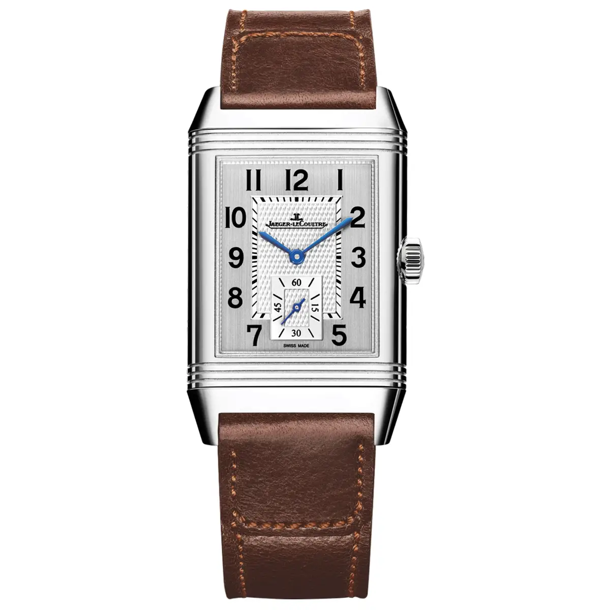 Đồng hồ Jaeger LeCoultre Reverso Classic Monoface Small Seconds Q3858522 với mặt số màu bạc. Dây đeo bằng da. Thân vỏ bằng thép.