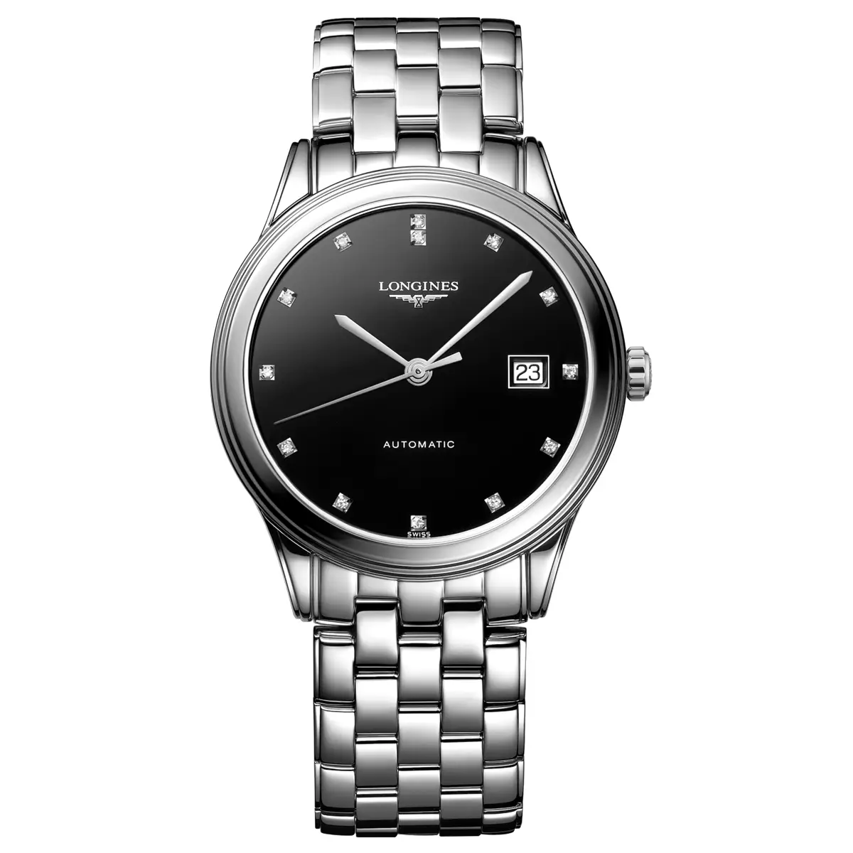 Đồng hồ Longines Flagship Collection Automatic L4.984.4.57.6 với mặt số màu đen. Dây đeo bằng thép. Thân vỏ bằng thép.