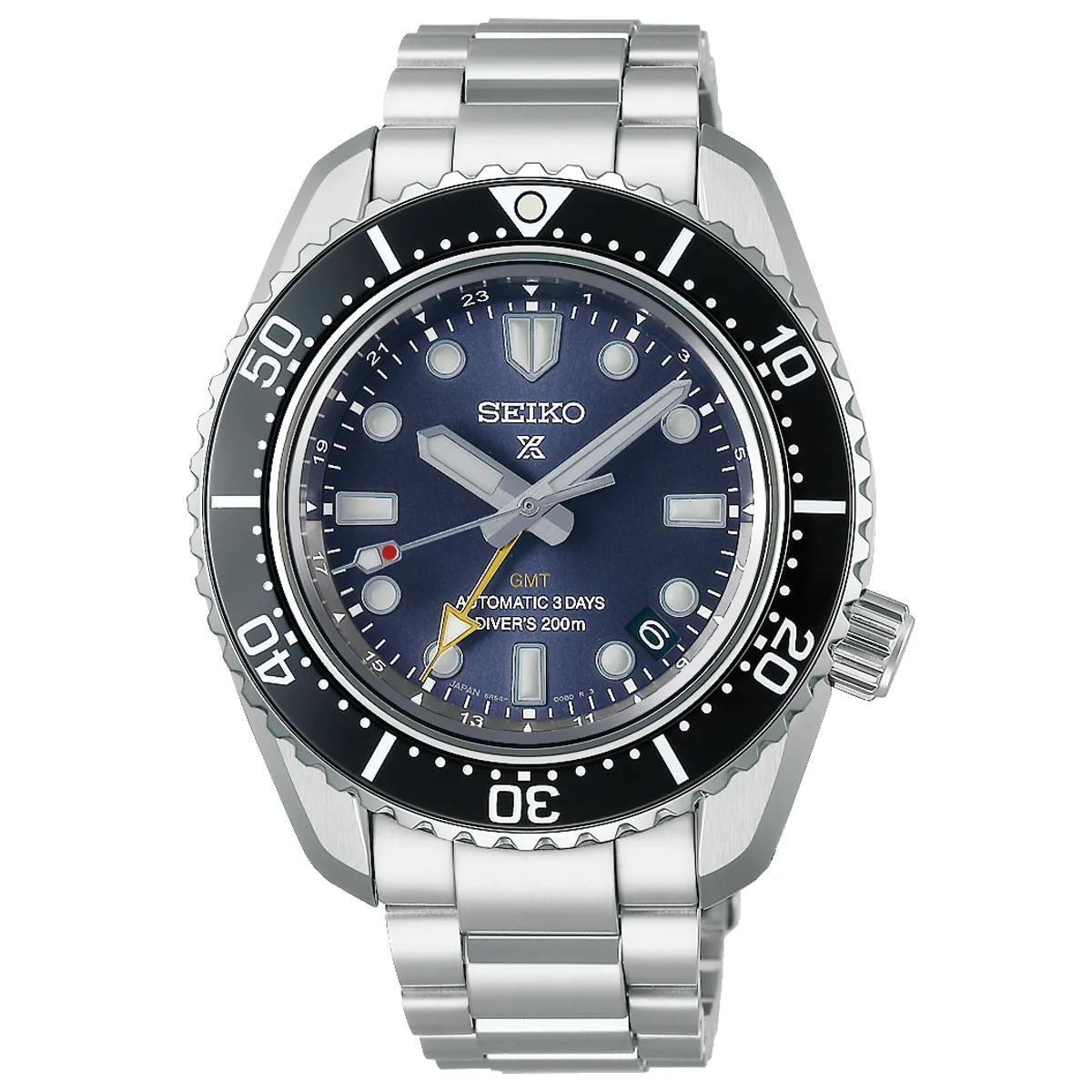 Đồng hồ Seiko Prospex 1968 Diver Scuba GMT SBEJ021 mặt số màu xanh. Dây đeo bằng thép. Thân vỏ bằng thép.