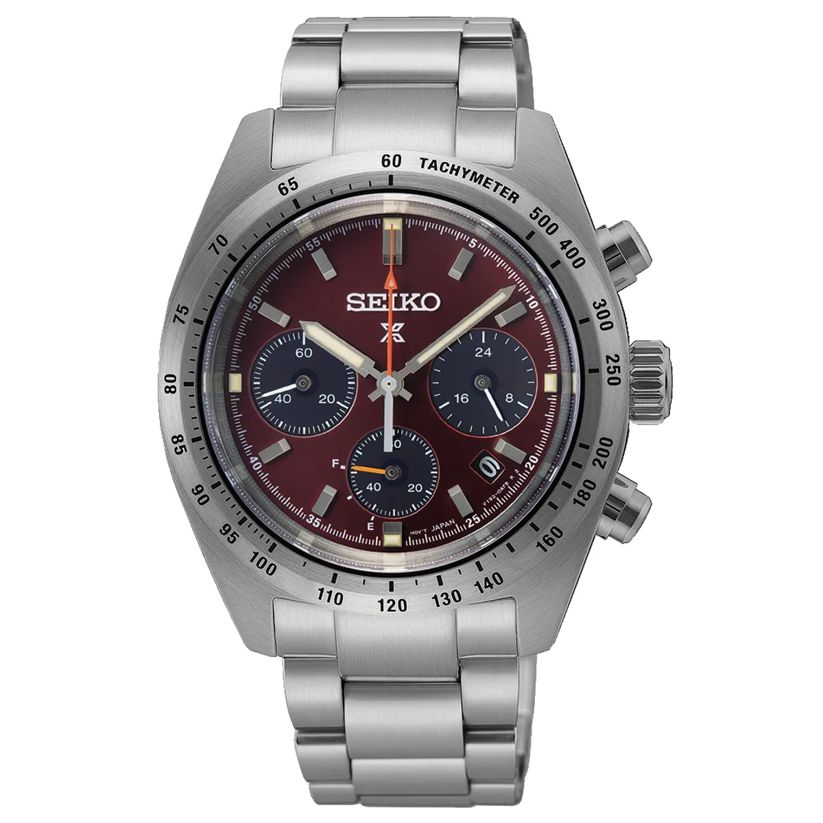 Đồng hồ Seiko Prospex Speedtimer European Exclusive in Factory Red SSC953 mặt số màu đỏ. Dây đeo bằng thép và da. Thân vỏ bằng thép.