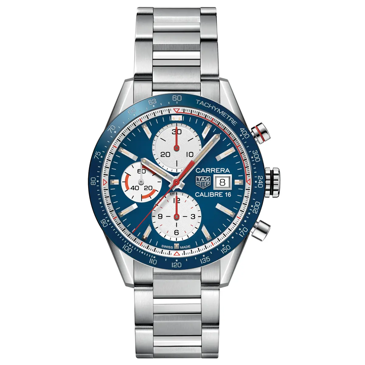 Đồng hồ Tag Heuer Carrera Chronograph CV201AR.BA0715 với mặt số màu xanh. Dây đeo bằng thép. Thân vỏ bằng thép.