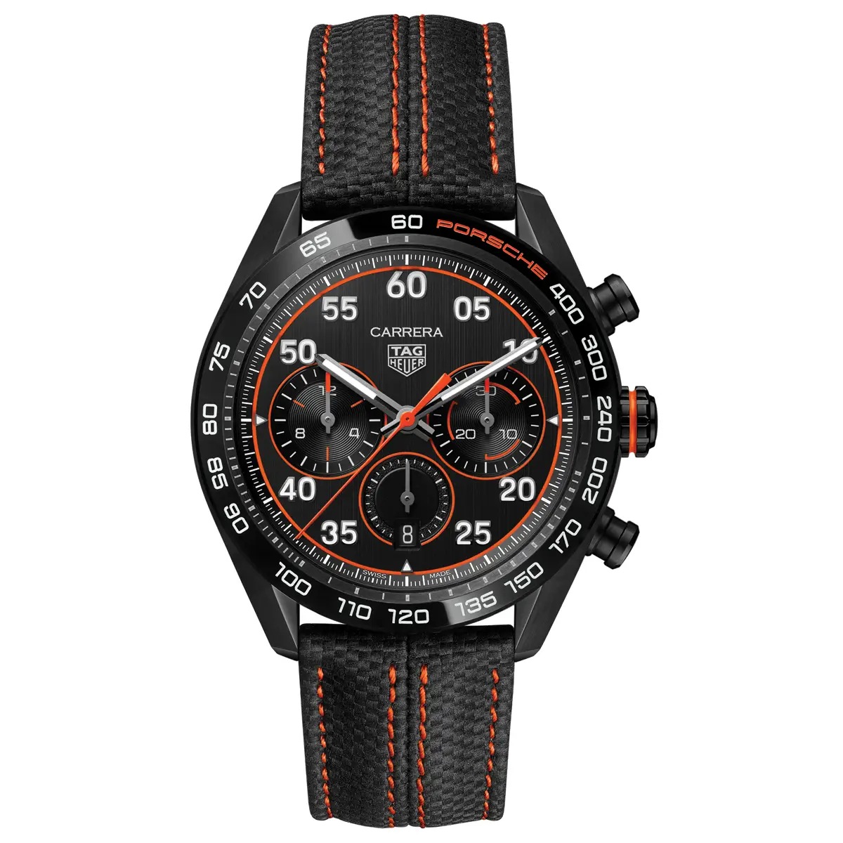 Đồng hồ Tag Heuer Carrera Chronograph x Porsche Orange Racing Special Edition CBN2A1M.FC6526 với mặt số màu đen. Dây đeo bằng da. Thân vỏ bằng thép black DLC.