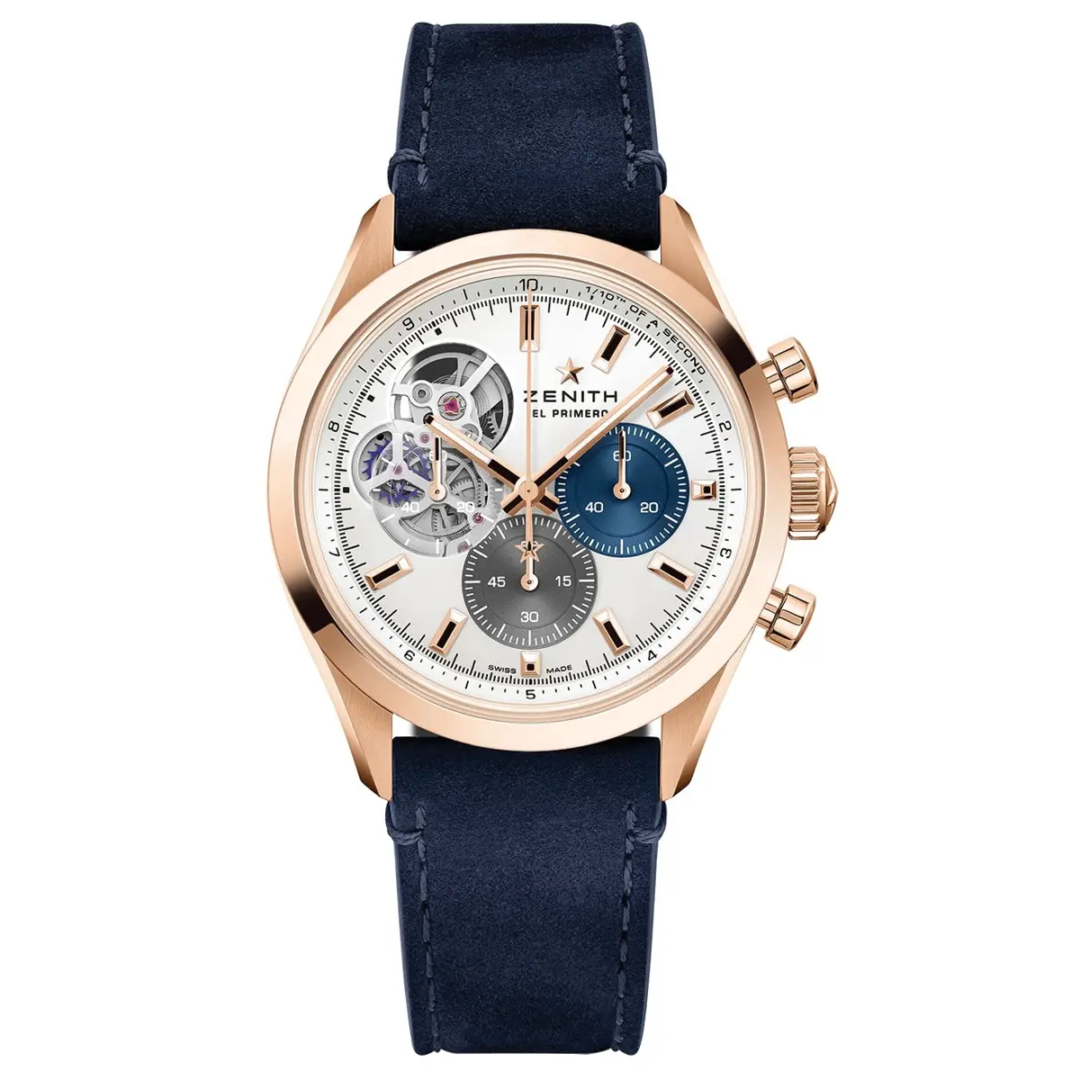 Đồng hồ Zenith Chronomaster Open 18.3300.3604/69.C922 với mặt số màu trắng. Dây đeo bằng da. Thân vỏ bằng vàng khối.