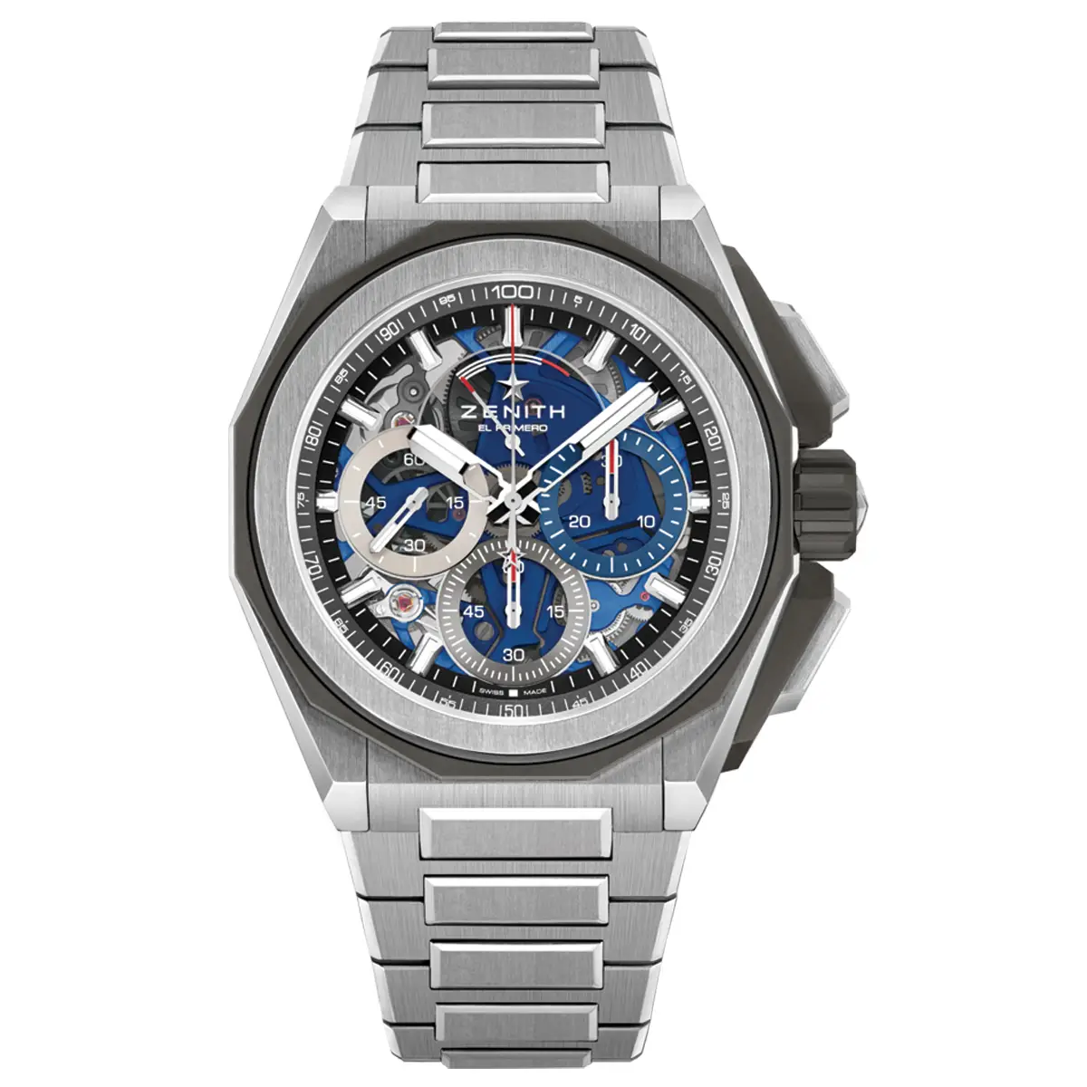 Đồng hồ Zenith Defy Extreme 95.9100.9004/01.I001 với mặt số màu xanh. Dây đeo bằng titanium, cao su và vải. Thân vỏ bằng thép.