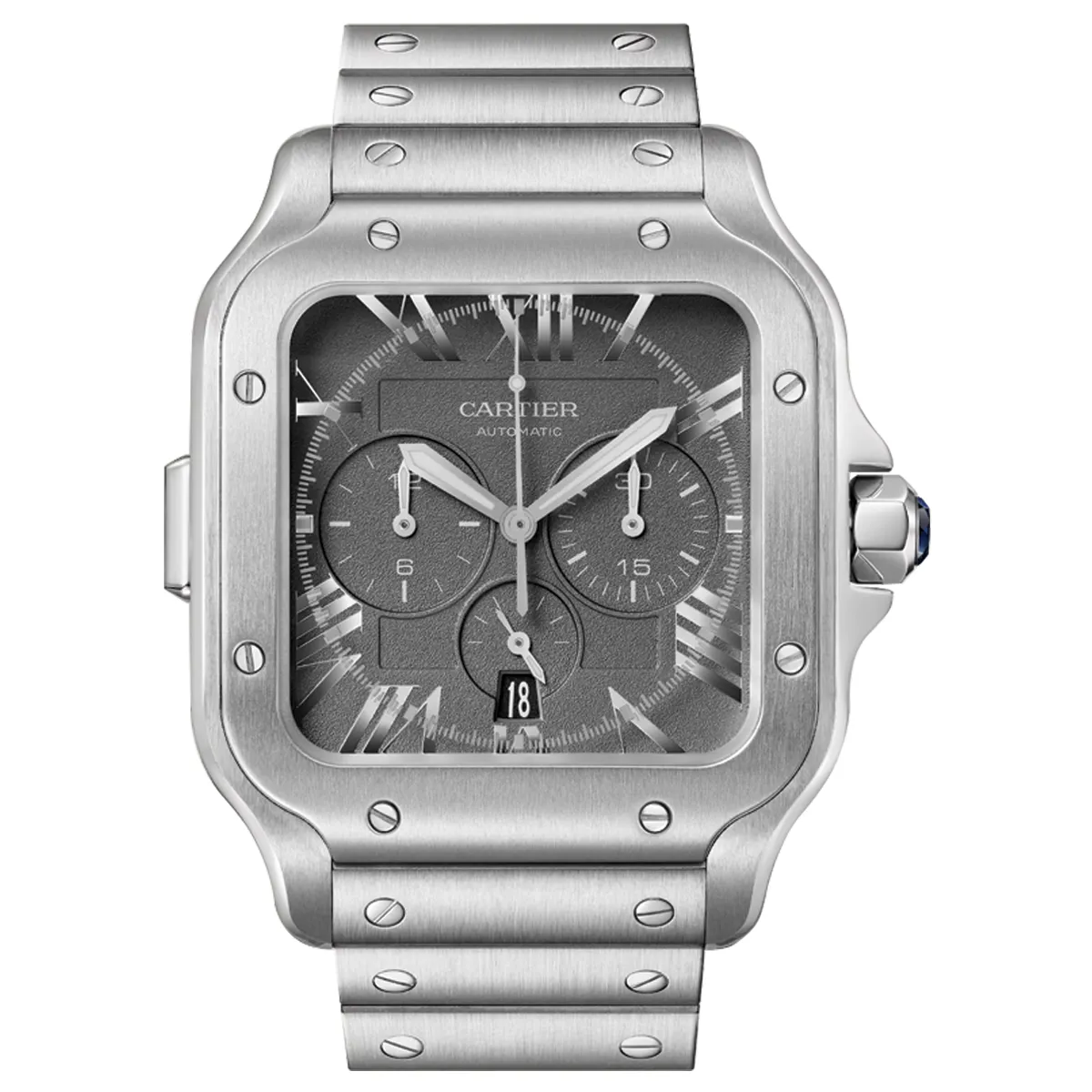 Đồng hồ Cartier Santos De Cartier Japanese Limited Edition WSSA0078 với mặt số màu xám. Dây đeo bằng thép và cao su. Thân vỏ bằng thép.