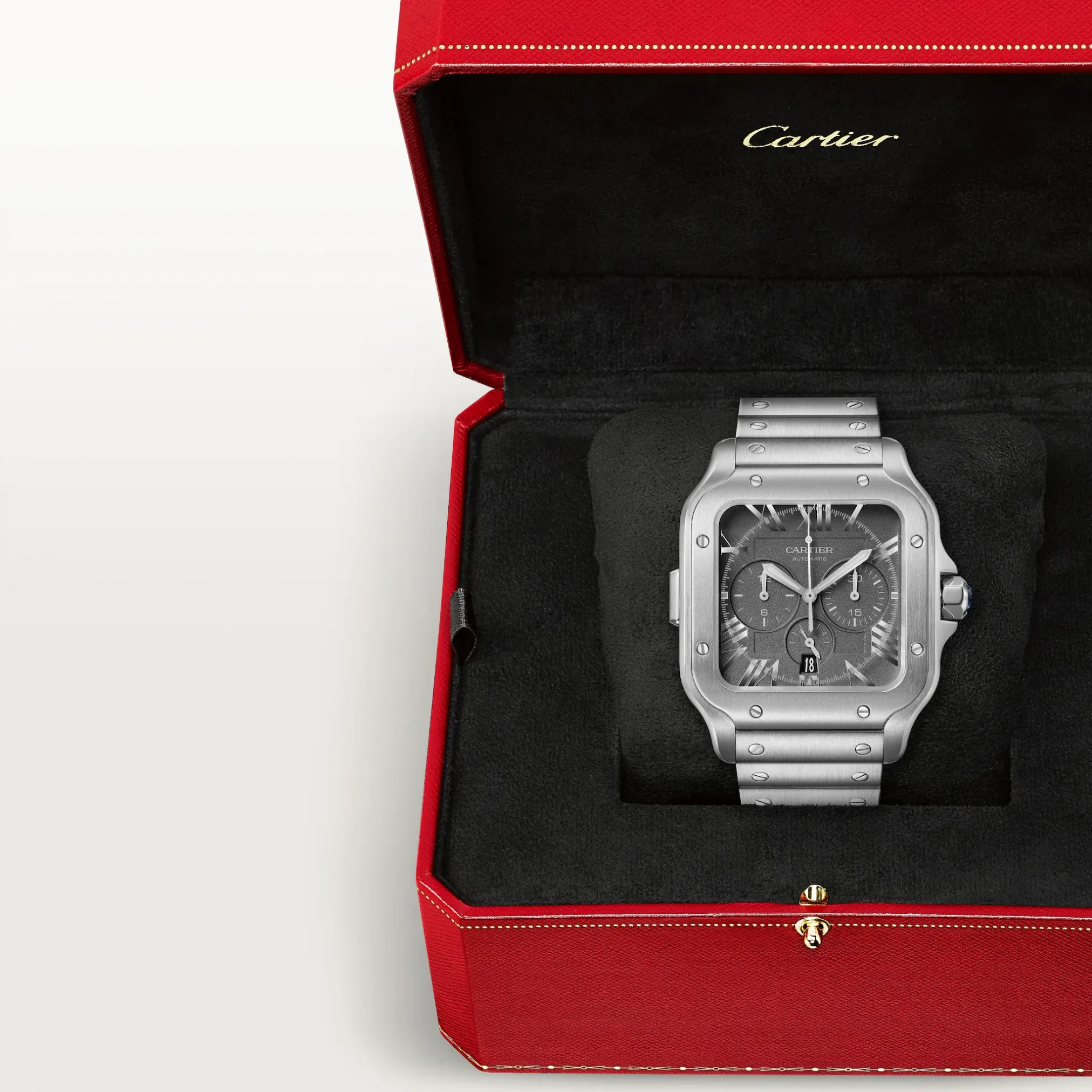 Đồng hồ Cartier Santos De Cartier Japanese Limited Edition WSSA0078 với mặt số màu xám. Dây đeo bằng thép và cao su. Thân vỏ bằng thép.